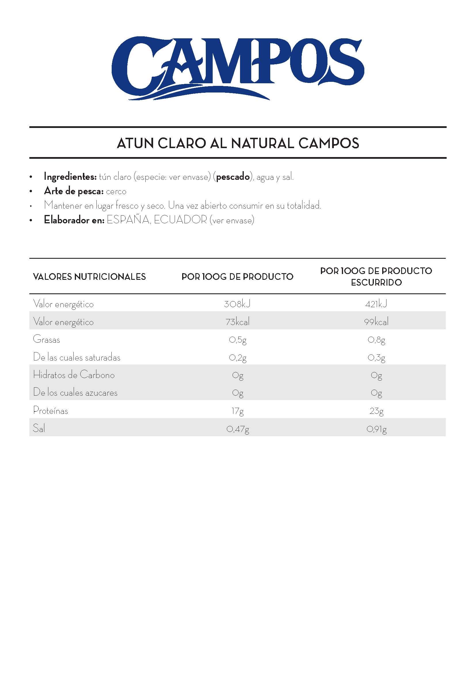 Campos Conserva De Atún Claro APR Al Natural, 160 g (Atún de pesca responsable)