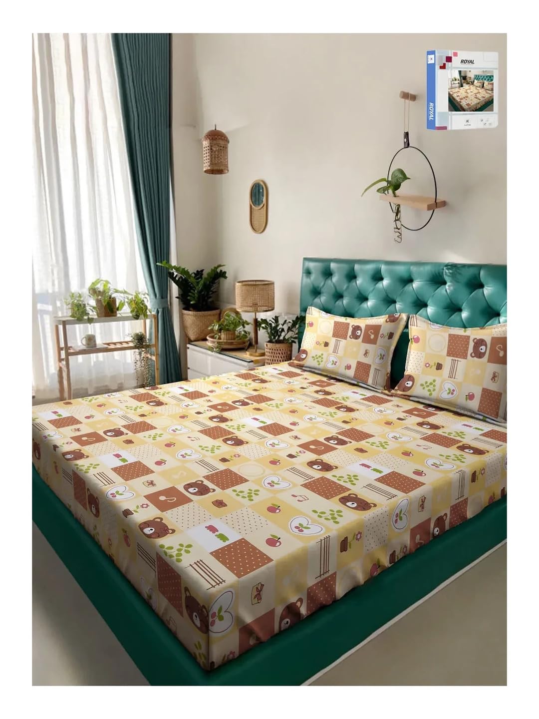 KLOTTHE Cute Brown Bear & Patchwork Printed Glace Cotton Double Bedsheet (90x100 Inches) with 2 Pillow Covers - Rustic Animal Theme-picture-33