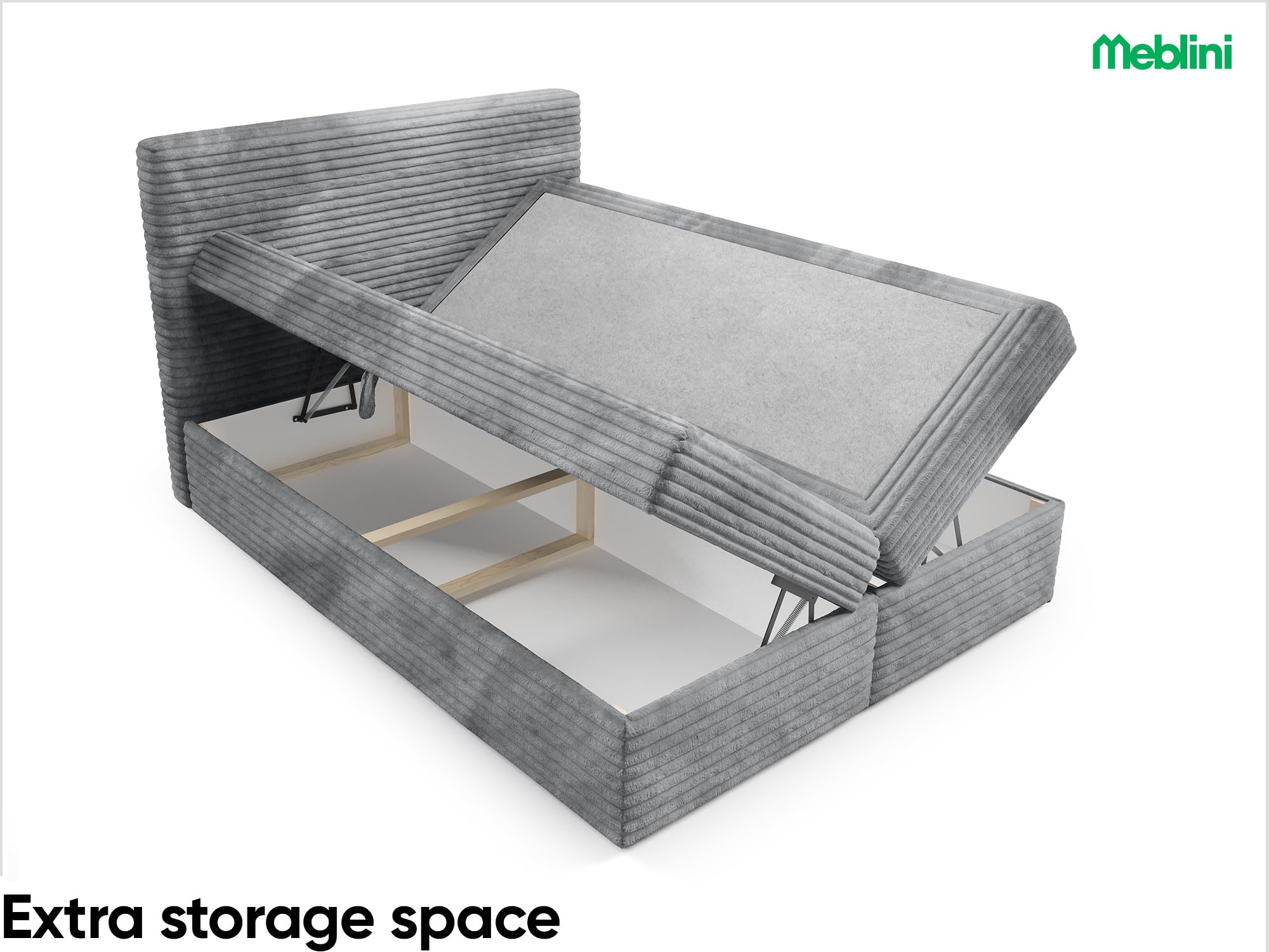MEBLINI Boxspringbett mit Bettkasten - 160x220 - H4/Grau Cordstoff - Talia - Gepolstert Doppelbett mit Matratze und Topper - Polsterbett mit Stauraum - Bett mit Kopfteil - Stauraumbett