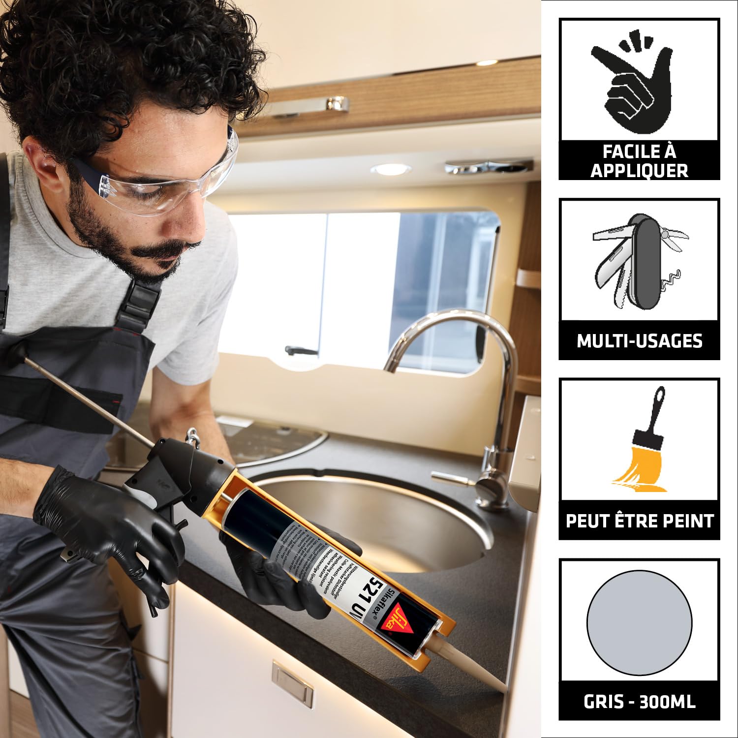 SIKA - Mastic-colle multi-usage - Sikaflex 521 UV - Gris - Carton 12x300ml | Joints d'étanchéité camping-car/caravane/mobil-home - Adhérence élevée - Résistant aux UV - Sans solvant