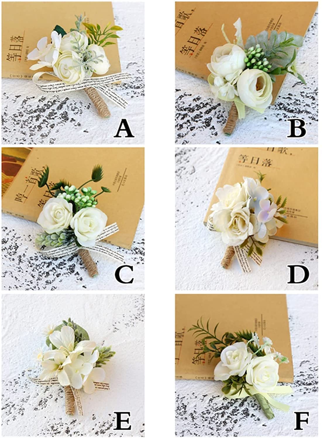 Handgelenkskorsagen für Hochzeiten， Künstliche Weiße Rose Blume Bräutigam Boutonniere Männer Corsage Event Zubehör Party Pin Dekoration(Style E)
