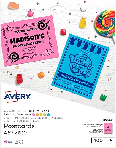 Avery Tarjetas postales en blanco imprimibles, 4.25 x 5.5 pulgadas, colores brillantes surtidos, 100 tarjetas personalizables (35704)