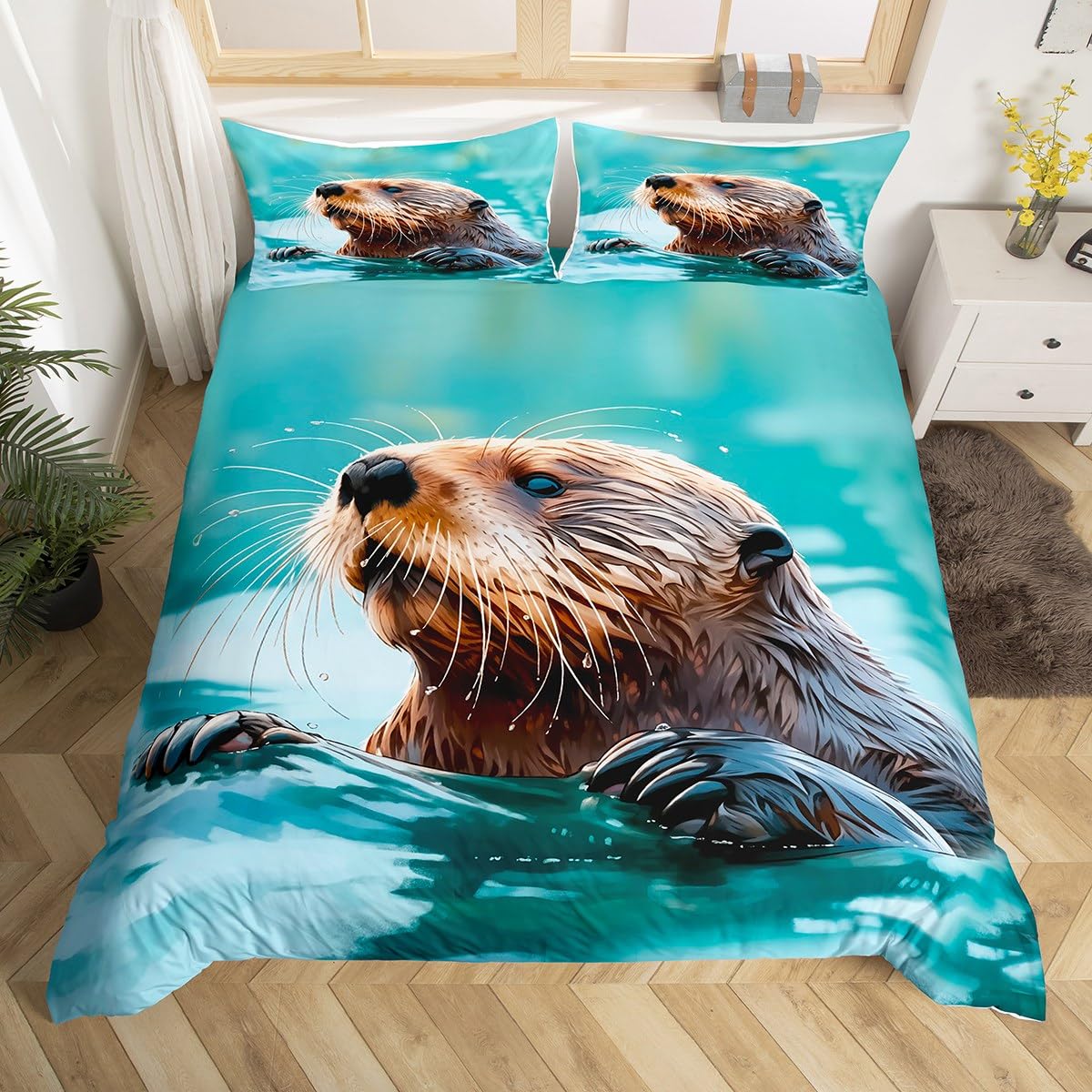 Juego de ropa de cama con diseño de nutria marina, funda de edredón para niños, niñas, temática de la vida marina, colcha con 2 fundas de almohada, 3 piezas de ropa de cama Super King