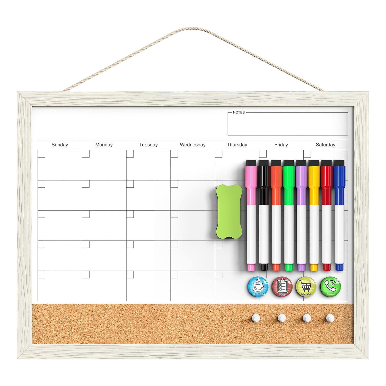 Calendar Whiteboard for Wall, TANKEE 17"x13" Whiteboard Calendar Cork Board Combo, Magnetic White Board Monthly Calendar with Wood Framed, Hanging Dry Erase Board for Kitchen Home Office Planner