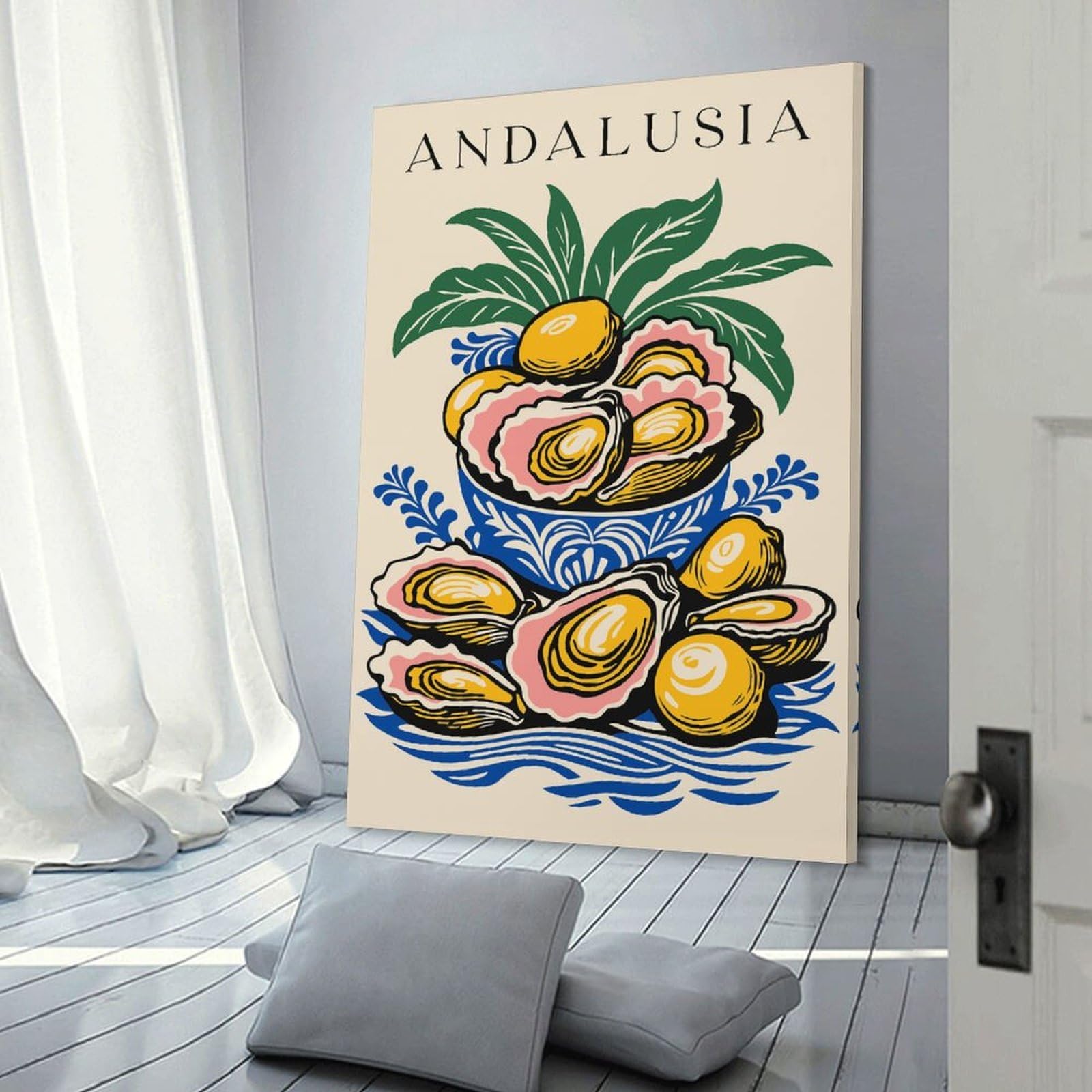 Junmoney Hanging Wall Art Andalusia Oysters And Lemons Still Life, 20x30inch(50x75cm), for Wall Displays, Bedrooms Or Room Updates, Wall Decor Suited to Curated Displays