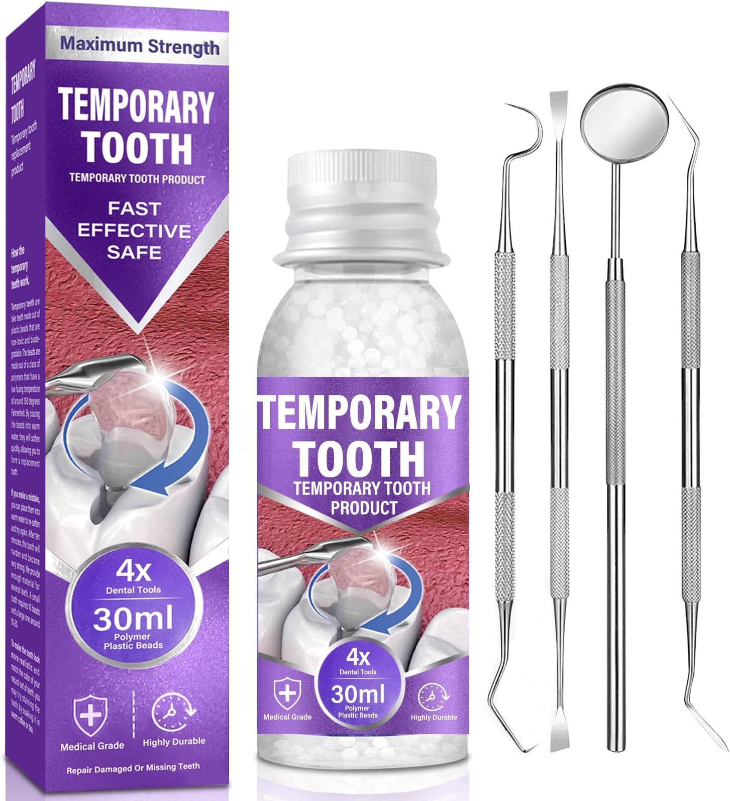 Tooth Repair Kit-for Broken Teeth, Moldable False Teeth-Filling Repair Kit, Fake Teeth DIY at Home, Fixing Missing & Broken Tooth Replacements, with 4 Dental Tools