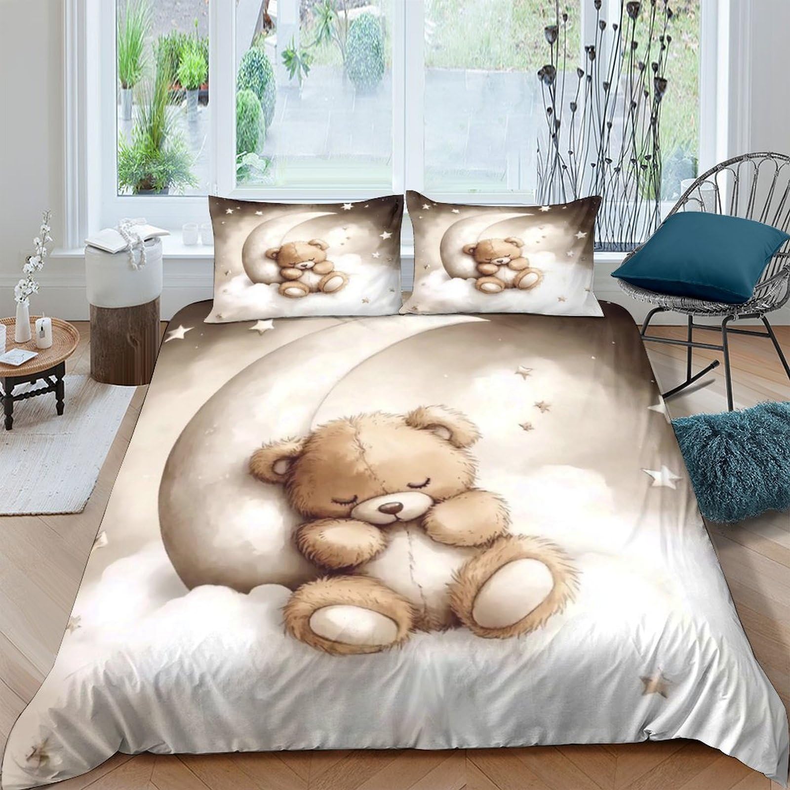 Ctjqhvkz Style-9 3D Printed Cute Teddy Bear Fitted Sheet Microfiber Soft Brown Moon Bed Cover For Bedroom Dorm Mattress Protection Decor Single（135X200cm）
