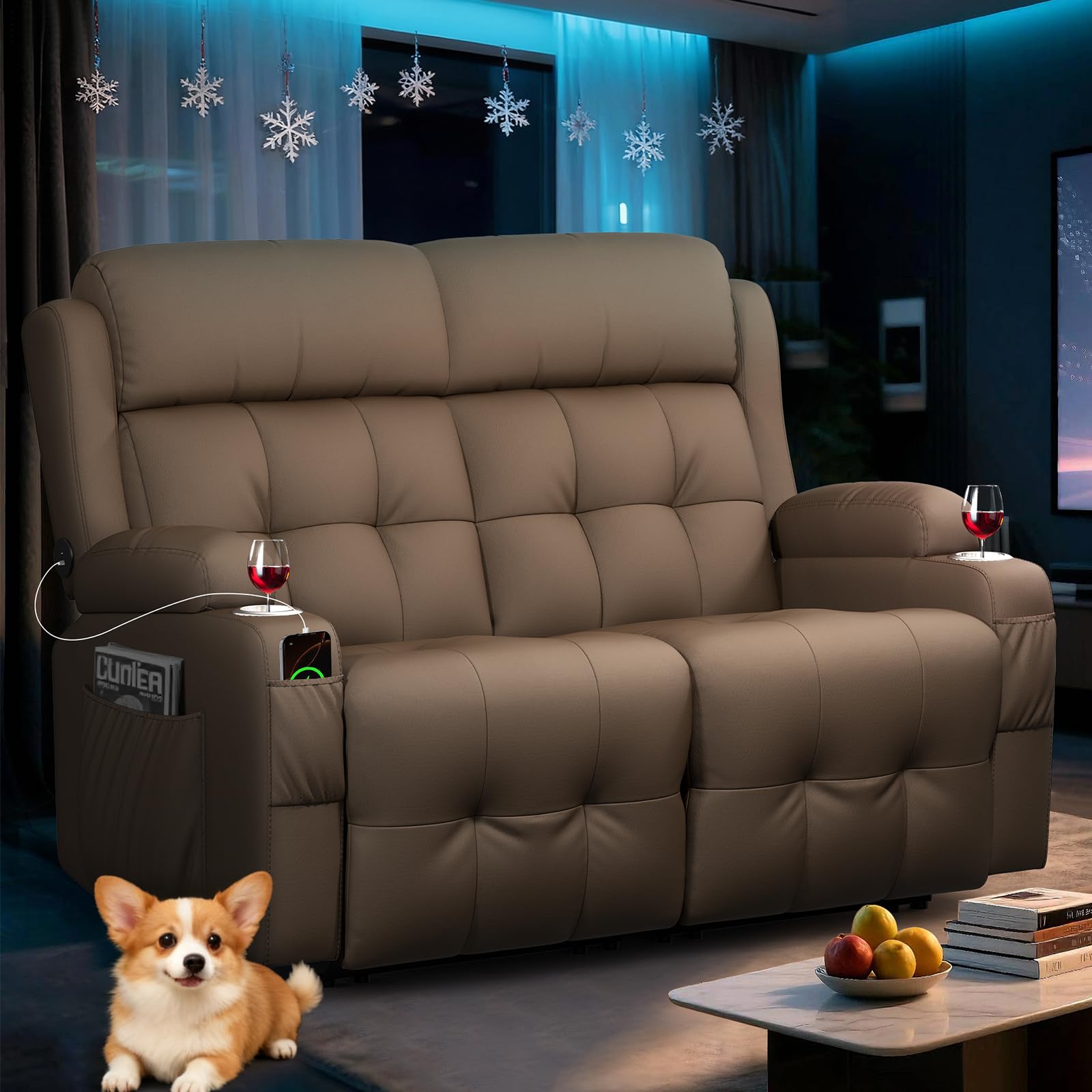RV Loveseat Recliner Sofa, Home Theater Seating with Console &amp; Massage