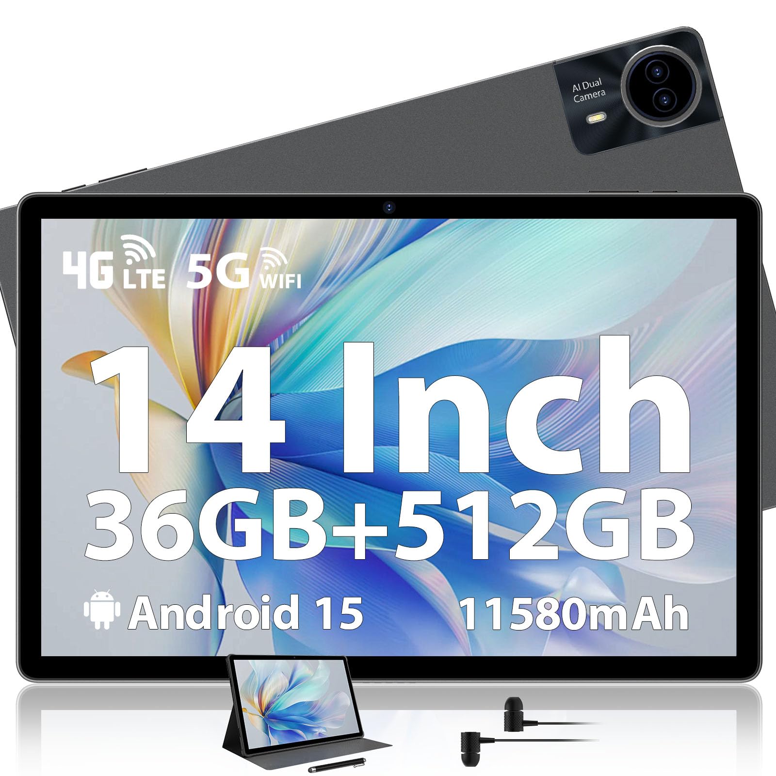 14 Zoll, 36GB RAM+512GB ROM/1TB TF SIM Tablet 2K 2000x1200 Touch Display, 4G LTE+5G WLAN, Android 15, Octa-Core, 4 Lautsprecher, 13MP/11580mAh/GMS/GPS, inkl. Pen/Hülle/Kopfhörer