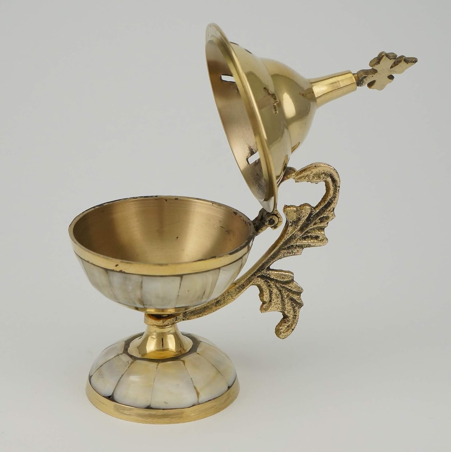 Orthodox Incense Burner with Mother of Pearl Inlay - Ornate Christian Censer with Cross for Home or Church Use, 4.72 inch
