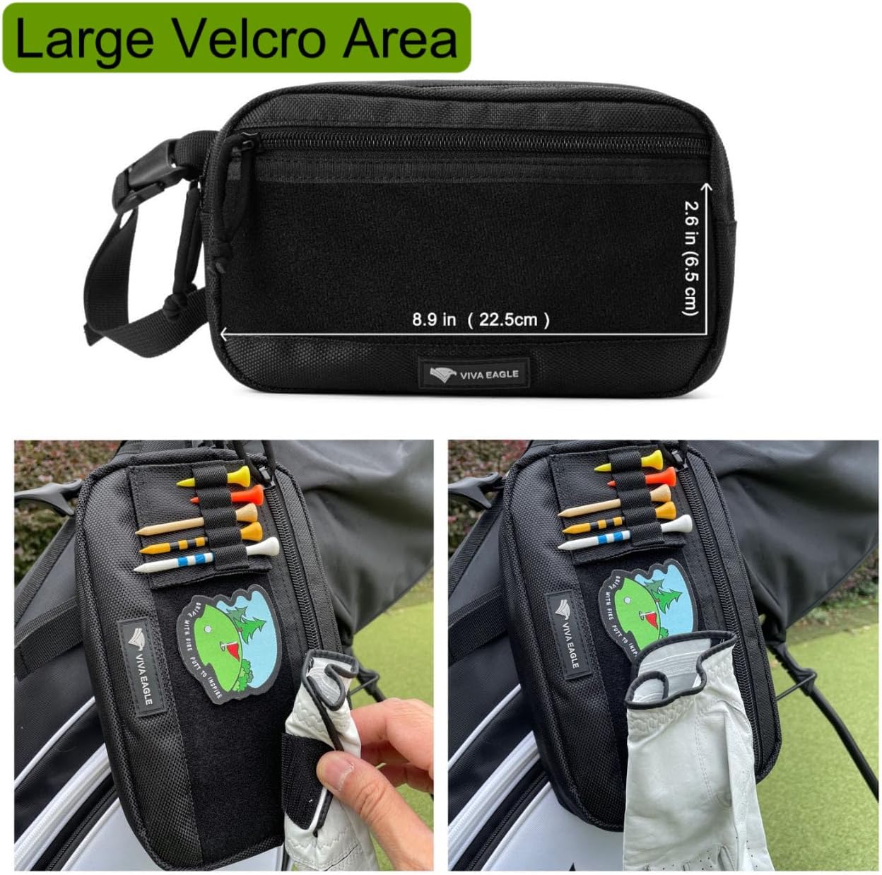 Golf Pouch Bag for Balls Accessories Valuables | Customizable with Hook-and-Loop Panel | Ideal Golfer Gift, Includes Tee-Holder and Motivation Patches | Also Great for Gym Sports Travel Tactical