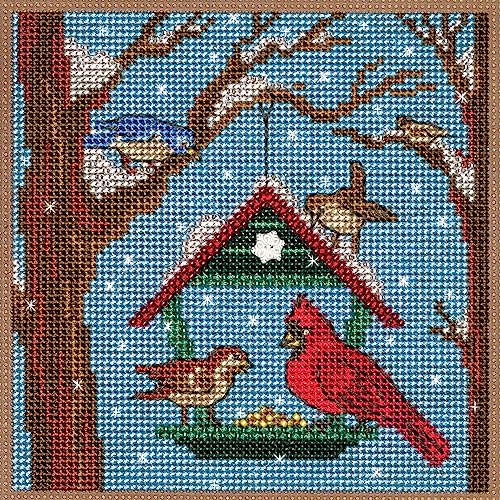 Image of Mill Hill Bird Feeder Beaded Counted Cross Stitch Kit Buttons & Beads 2023 Winter Series MH142332, 5.25 inch x 5.25 inch, Multi