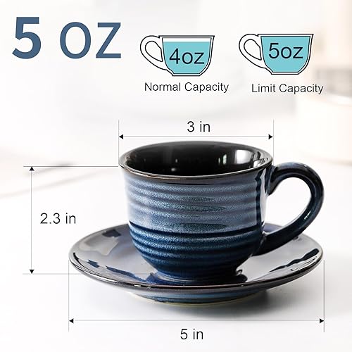 Miniatura 2 de Tazas de café expreso de cerámica con platillos de 5 onzas, juego de 4 tazas de capuchino con asa para café, té, café con leche y macchiato, juego