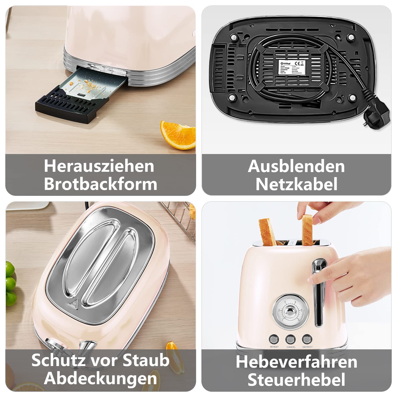 Wiltal Toaster 2 Scheiben, Retro, mit Brötchenaufsatz, mit Deckel aus Edelstahl, Vorheiz-, Auftau- und Abbruchfunktion, Countdown-Timer-Anzeige, Schnell-Toaster(Cremeweiß)
