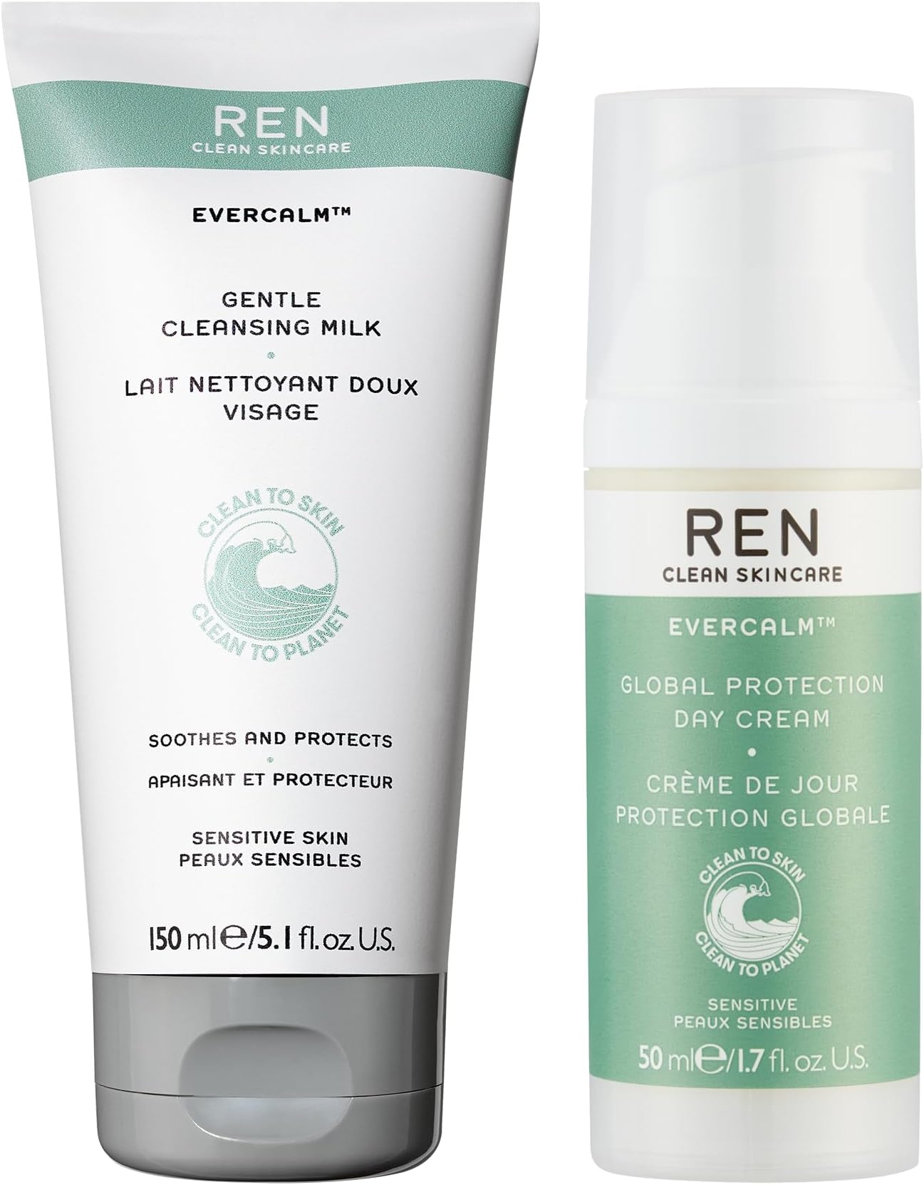 REN Clean Skincare Evercalm Cleanse and Protect Cream and Milk Duo - Ultra-Gentle Cleanser and a Soothing Day Cream - Combat Redness and Dryness