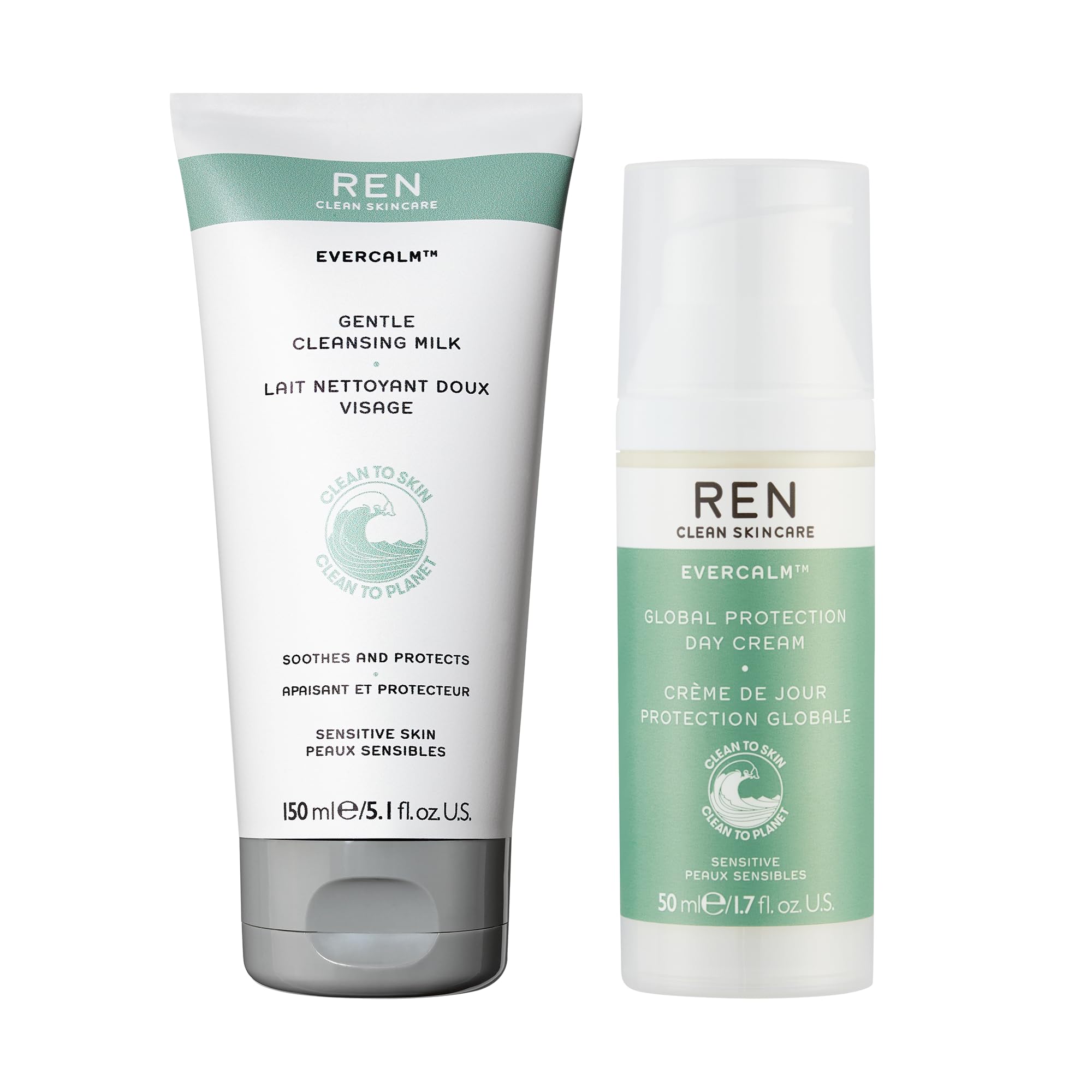 REN Clean SkincareEvercalm Cleanse and Protect Cream and Milk Duo - Ultra-Gentle Cleanser and a Soothing Day Cream - Combat Redness and Dryness