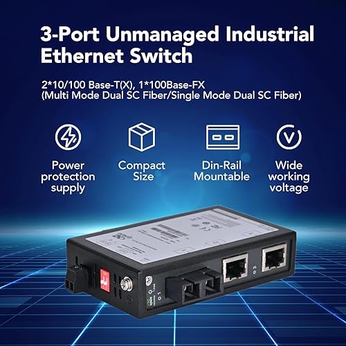 Miniatura 5 de InHand Networks - Conmutador Ethernet industrial no administrado de 3 puertos, convertidor de medios, 2* 10100 Base-T (X), 1* 100Base-FX, fibra SC
