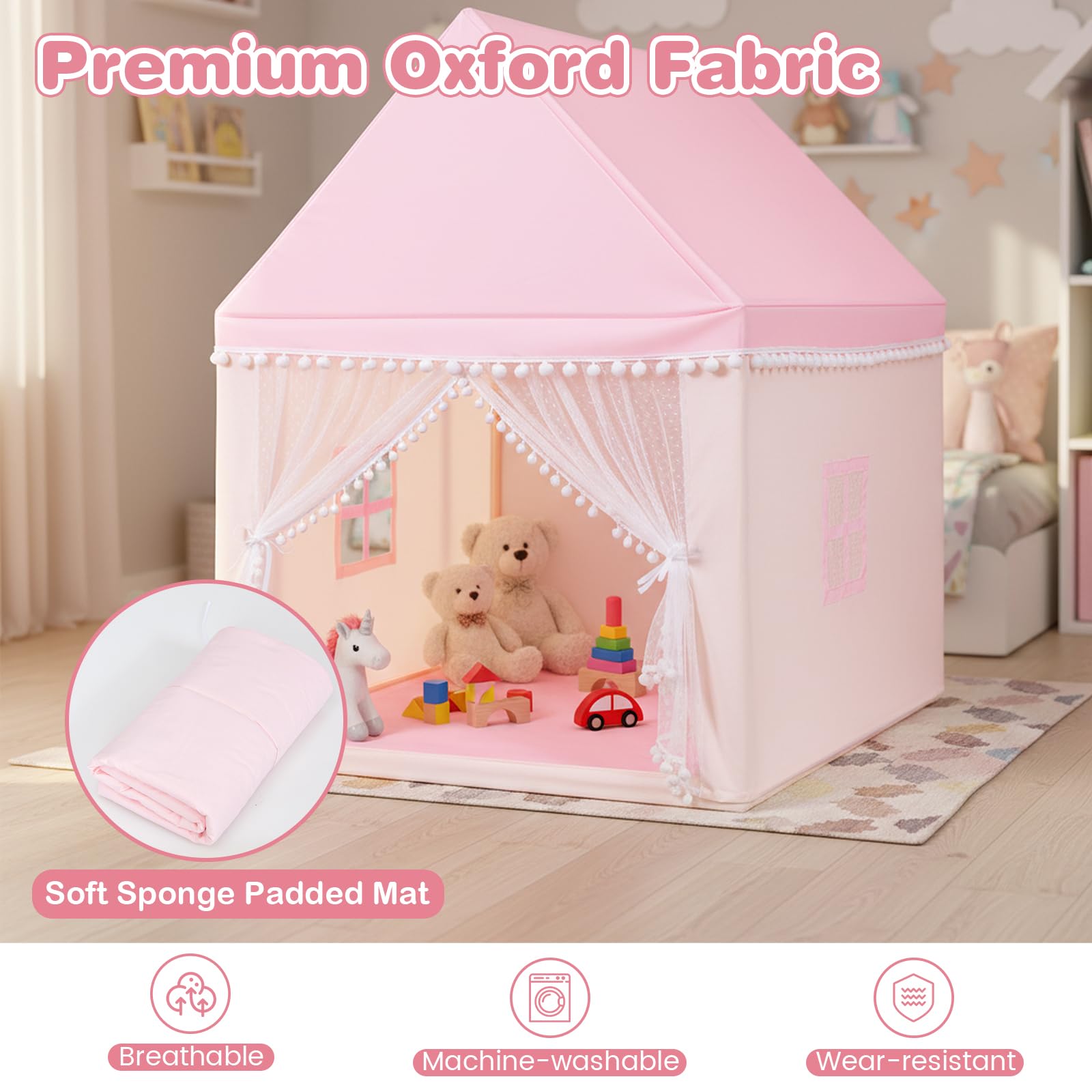 HOMASIS Kinderzelt für Indoor, Kinderspielhaus mit Matte & Fenstern & Holzrahmen & Vorhang, Kinder Spielzelt Prinzessin für Mädchen & Jungen, Bettzelt Tipi Zelt 105x120x140 cm (Modell 1-Pink)