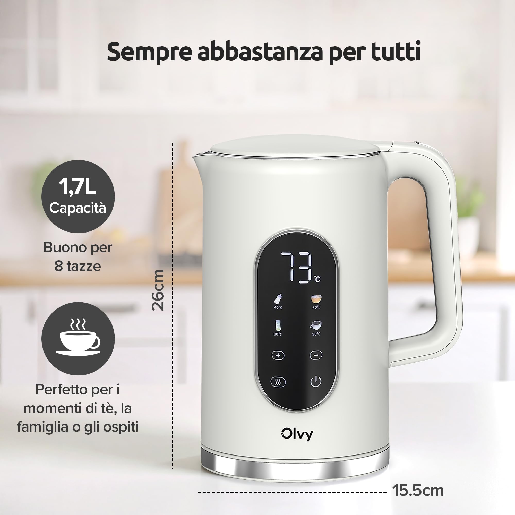 Olvy Bollitore Elettrico Senza Fili 1,7L con Controllo della Temperatura – Kettle Elettrico in Acciaio Inox, Doppia Parete Isolante, Funzione Mantenimento Caldo – Bollitori Elettrici 2200W