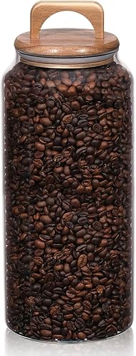 WHJY Paquete de 2 tarros de vidrio grandes de 107 onzas con tapas de madera, contenedores de almacenamiento de harina y azúcar para despensa de