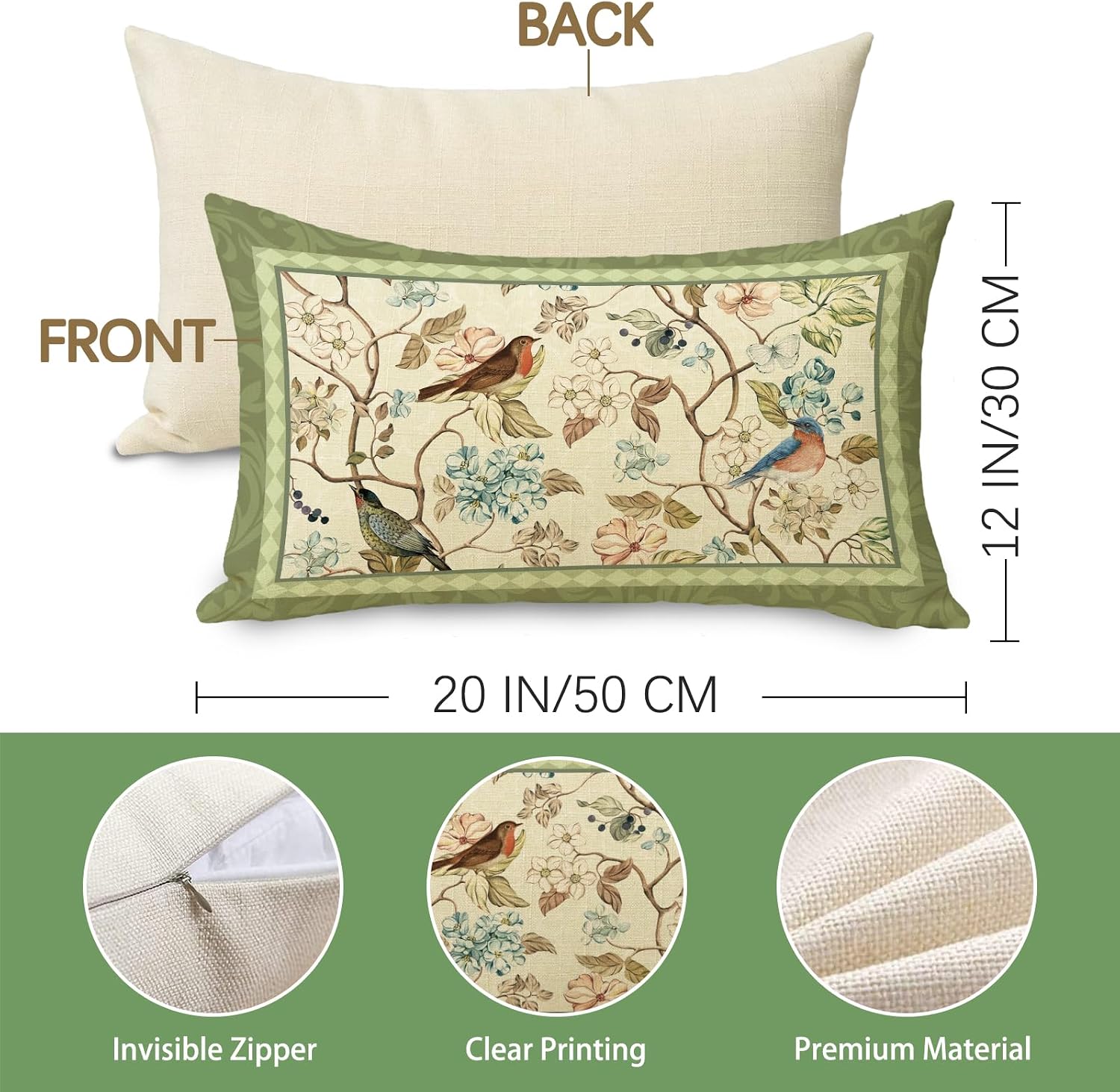 Vintage Floral Bird Lumbar Decorative Throw Pillow Cover 12 x 20 image 3