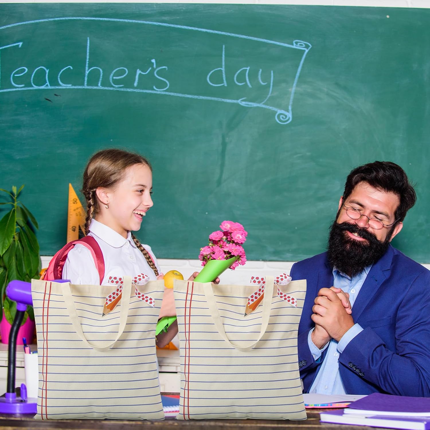 Paterr 6 Pcs Back to School Teacher Gift Bags Reusable Canvas Tote Bags Aesthetic Grocery Bag with Apple Ribbon and a Pencil Tag End of Year Appreciation Gifts for Women Teachers - Image 3