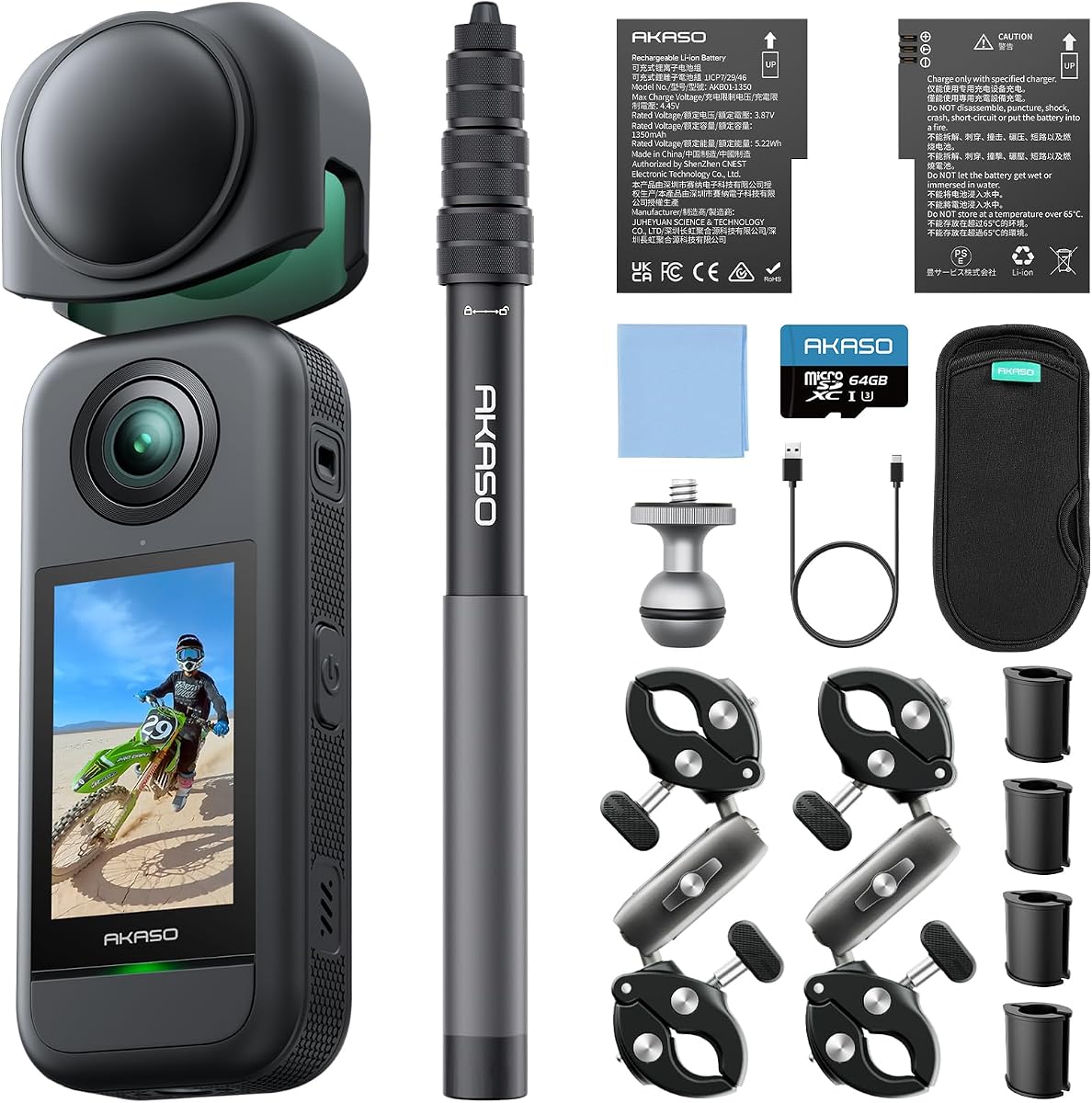 AKASO 360 Cámara de acción para motocicleta Combo: vídeo 5.7K 360 con sensores de 1/2" 48 MP, foto 360 de 72 MP, 360-SuperSmooth, palo selfie invisible, bloqueo de horizonte de 360°, seguimiento AI con tarjeta MicroSD de 256 GB