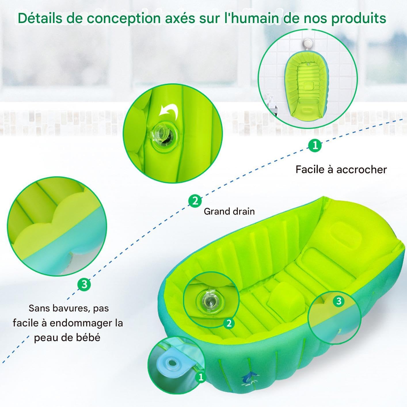 Vasca per bambini, vasca per bambini Vasca da bagno da viaggio gonfiabile | Protezione della colonna vertebrale, poggiatesta scanalata ergonomica, articoli per bambini per bamb