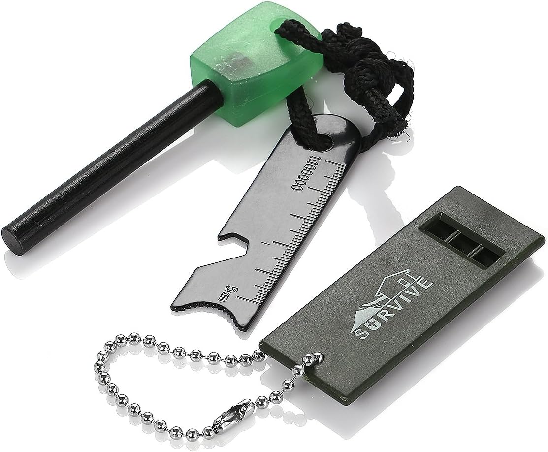 Survive Magnesium Flint Fire Starter - 6-in-1 Emergency Fire Starter Gear Pack with Luminous Green Handle, Bottle Opener, Serrated Edge, Mini Ruler and Rescue Whistle