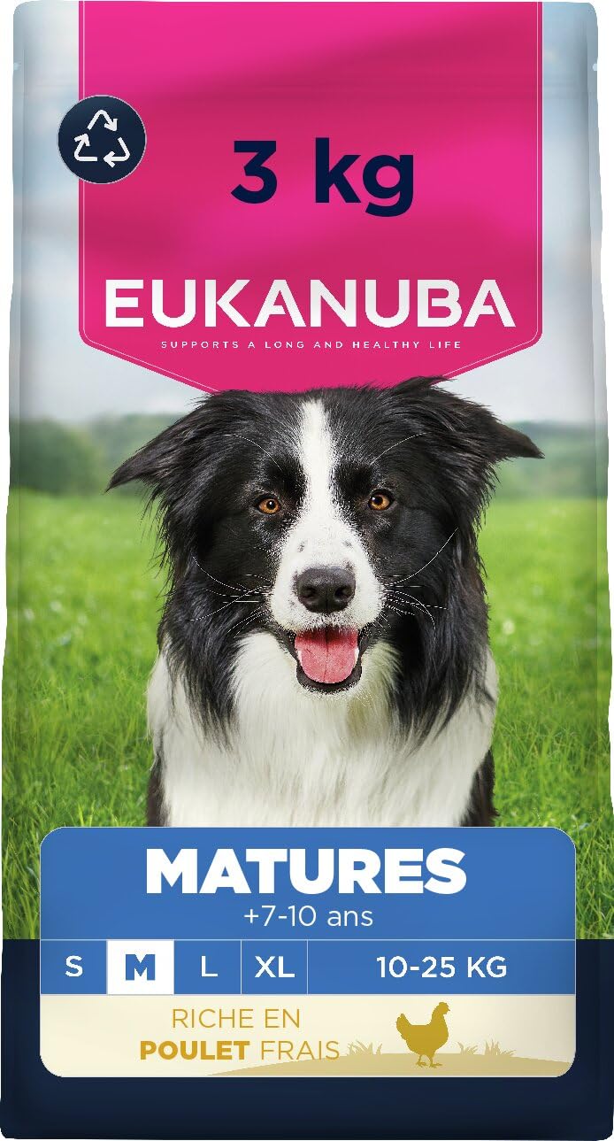 EUKANUBA Life Care Croquettes Chien Mature Moyenne Race 7 à 10 Ans, Riche en Poulet Frais, L-​carnitine, Calcium, Glucosamine, Oméga 3&6, Prébiotiques, sans colorants, arômes artificiels ni OGM - 3 kg
