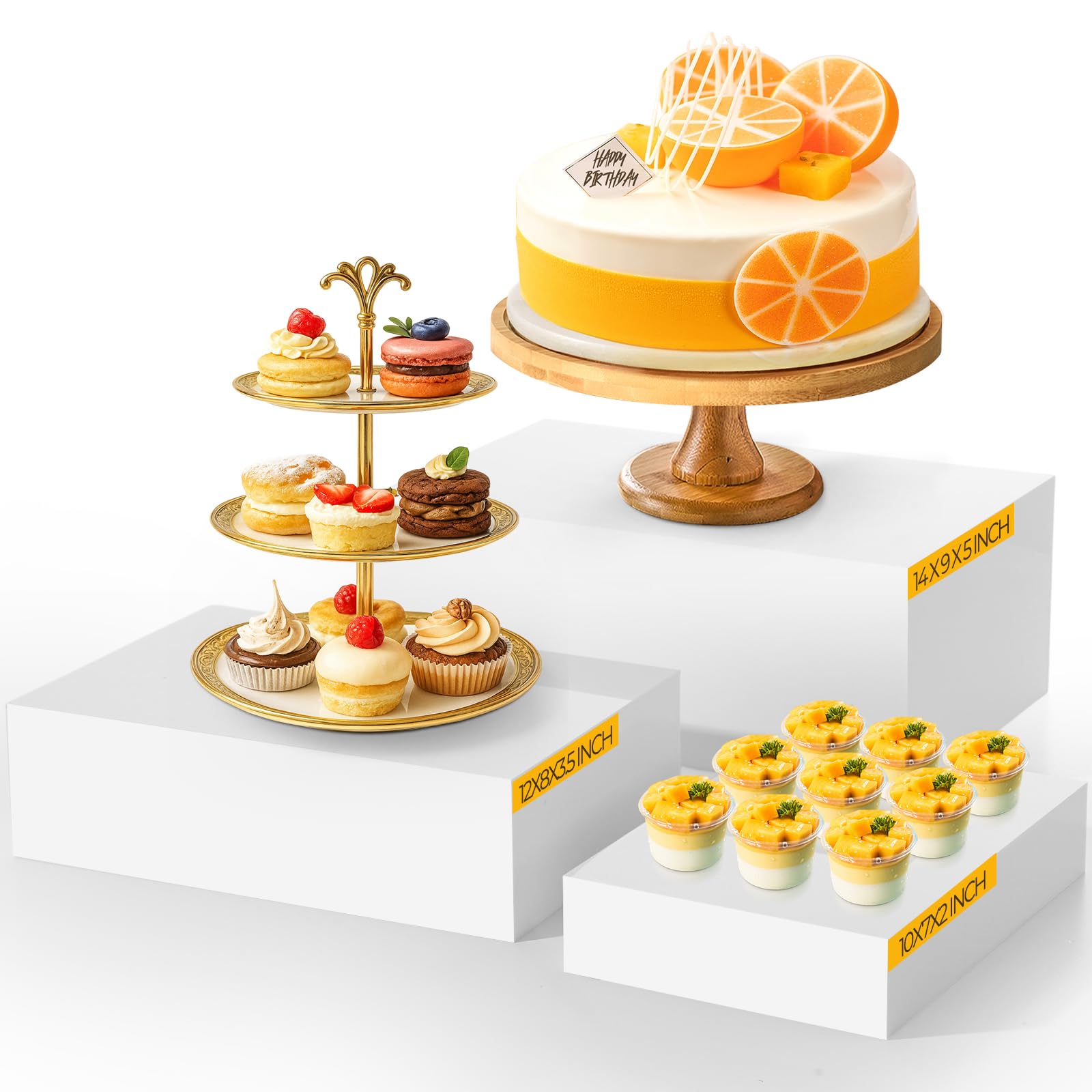 Photo 1 of BrightRow 3 Pack Extra Large Acrylic Buffet Risers - 14”, 12”, 10” White Display Stands with Hollow Bottoms, Cube Riser Boxes Nesting for Dessert Food Catering Buffet Display Party Supplies