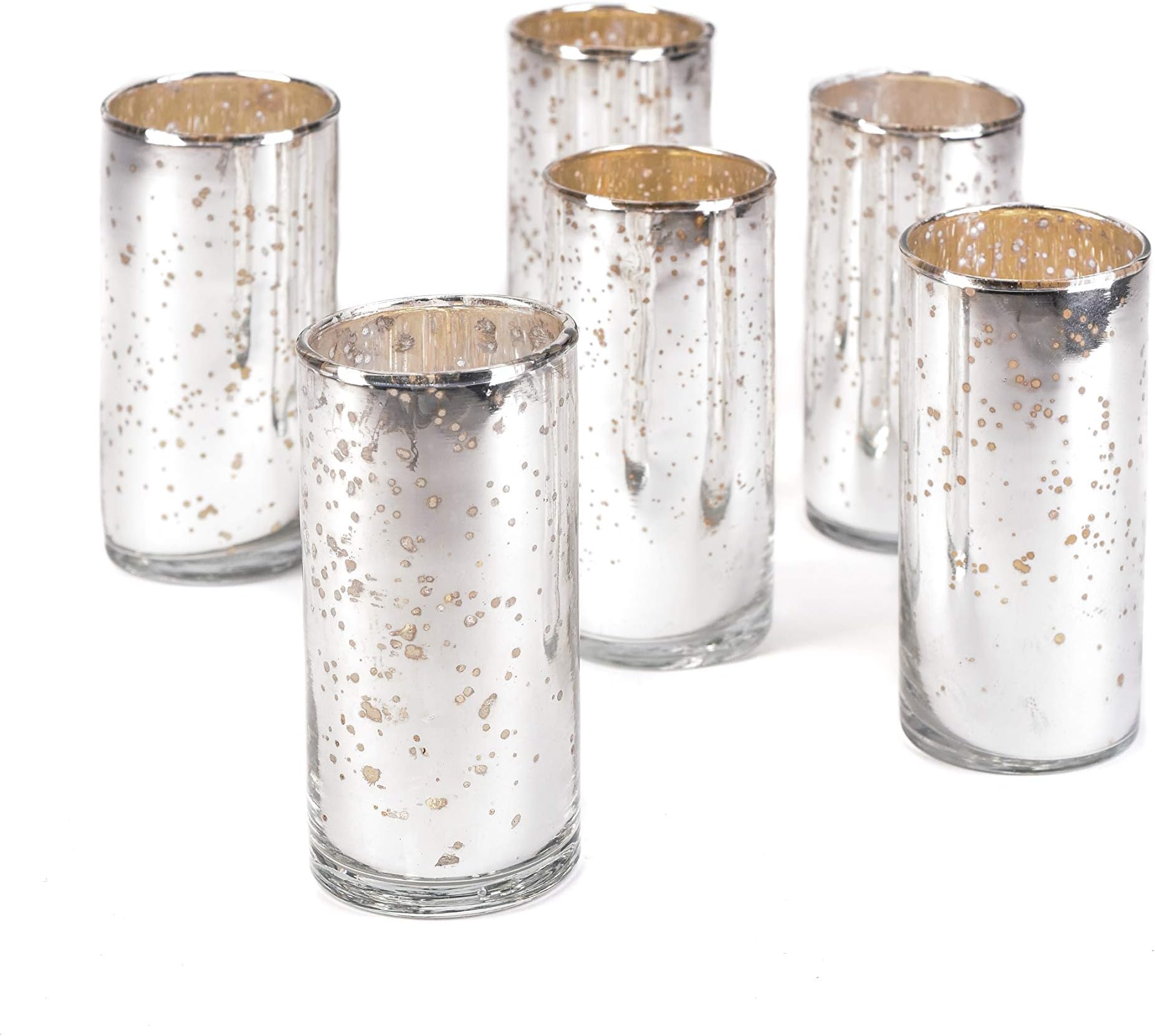 Serene Spaces Living Set of 6 Antique Silver Cylinder Vases – Handmade Silver Vases for Centerpieces - Mercury Glass Finish for Weddings, Parties, and Events – 4" Tall & 2" Diameter