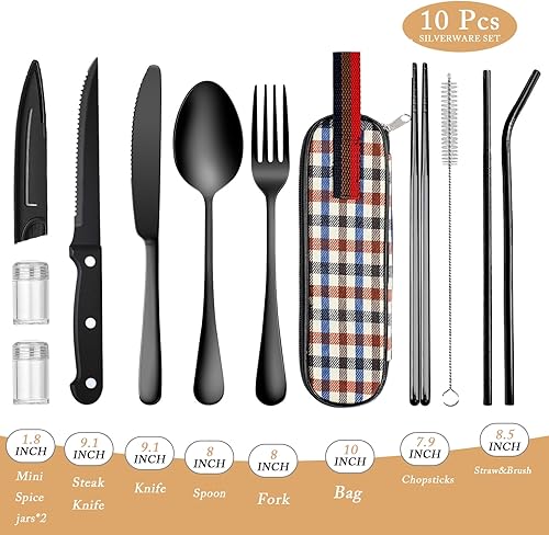 Miniatura 8 de Portable Travel Utensils Set, 188 Stainless Steel 3 PCS Cutlery Set Including Knife Fork and Spoon, Reusable Travel Silverware Set with Case for