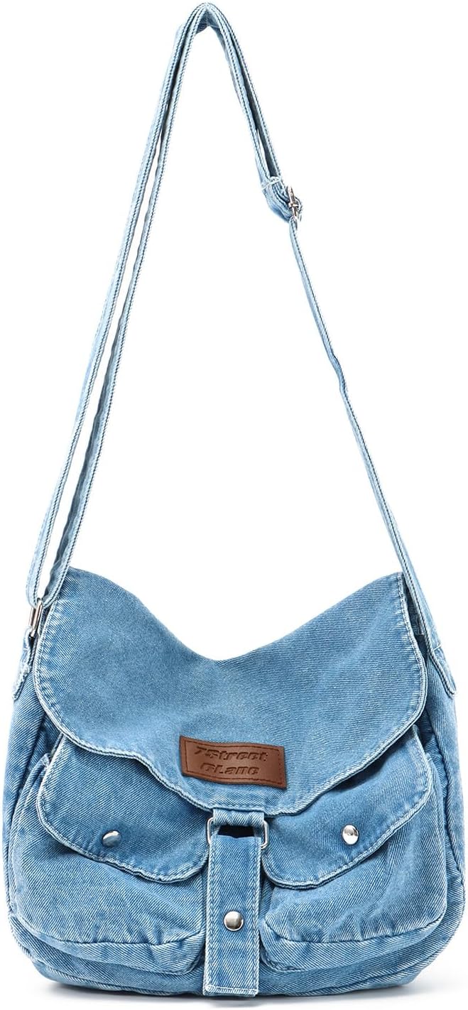 Denim Shoulder Bag Casual Style Lightweight Retro Travel Shopper Crossbody Handbag
