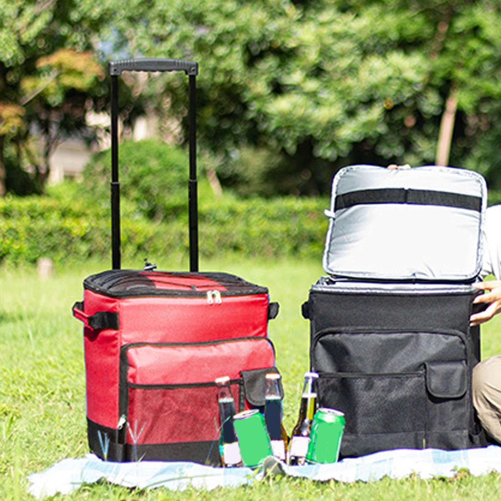 Cocoarm Borsa Frigo Portatile, Borsa Frigo in Tessuto Oxford 600D con Ruote Scatola Termica Pieghevole Impermeabile da 43 Litri con Tirante Regolabile, Tasche a Rete, per Viaggi in Campeggio, Picnic