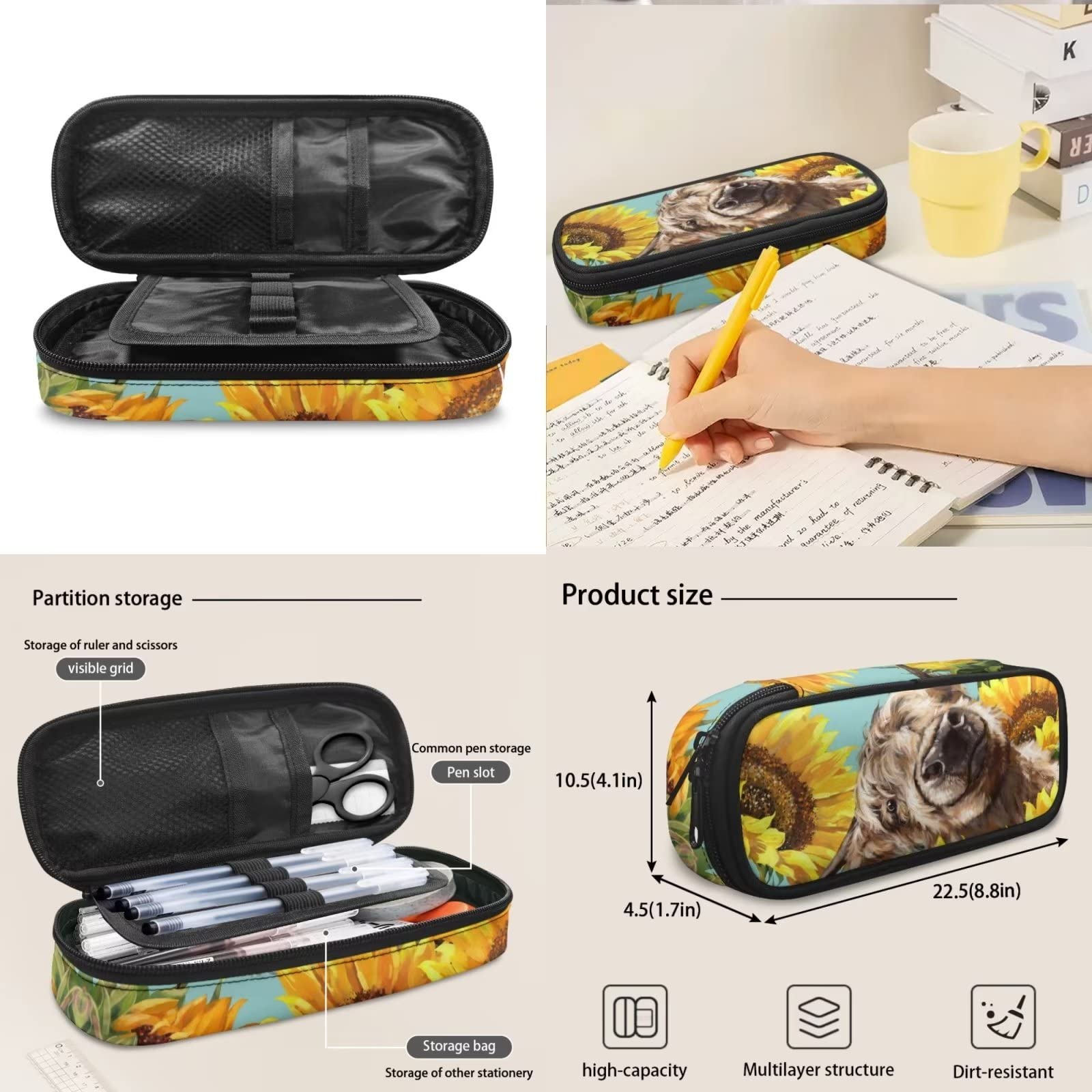 POLERO Mochila escolar de caballos para niños, juego de bolsas de almuerzo, estuche para lápices, 3 piezas, bolsas escolares, Vaca de girasol, Talla única, Mochila infantil
