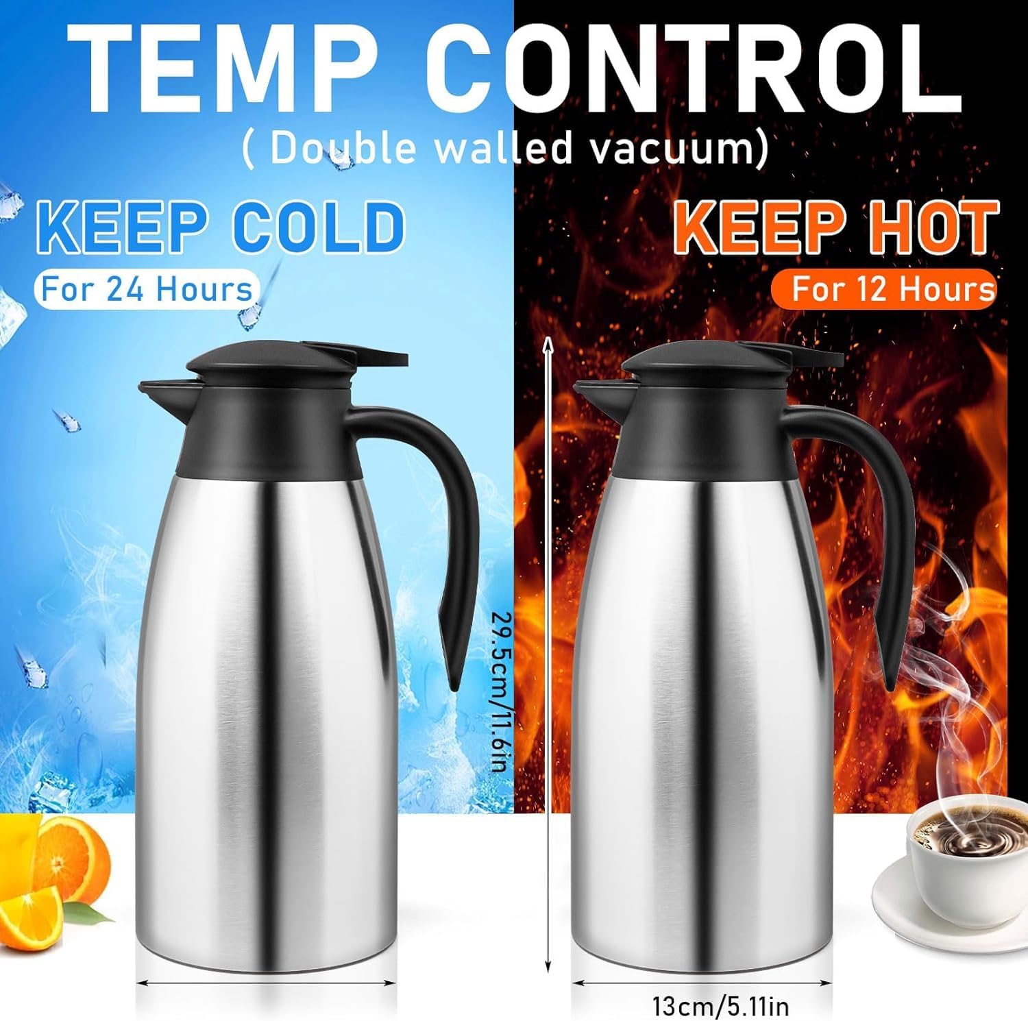 2 Pack 2L Thermal Coffee Carafe Jug, 68 OZ Silver Stainless Steel Insulated Tea Pot, Double Walled Vacuum Carafe Jug for Coffee Tea Hot Water Hot Beverage (12+ Hrs Heat & 24+ Hrs Cold Retention)