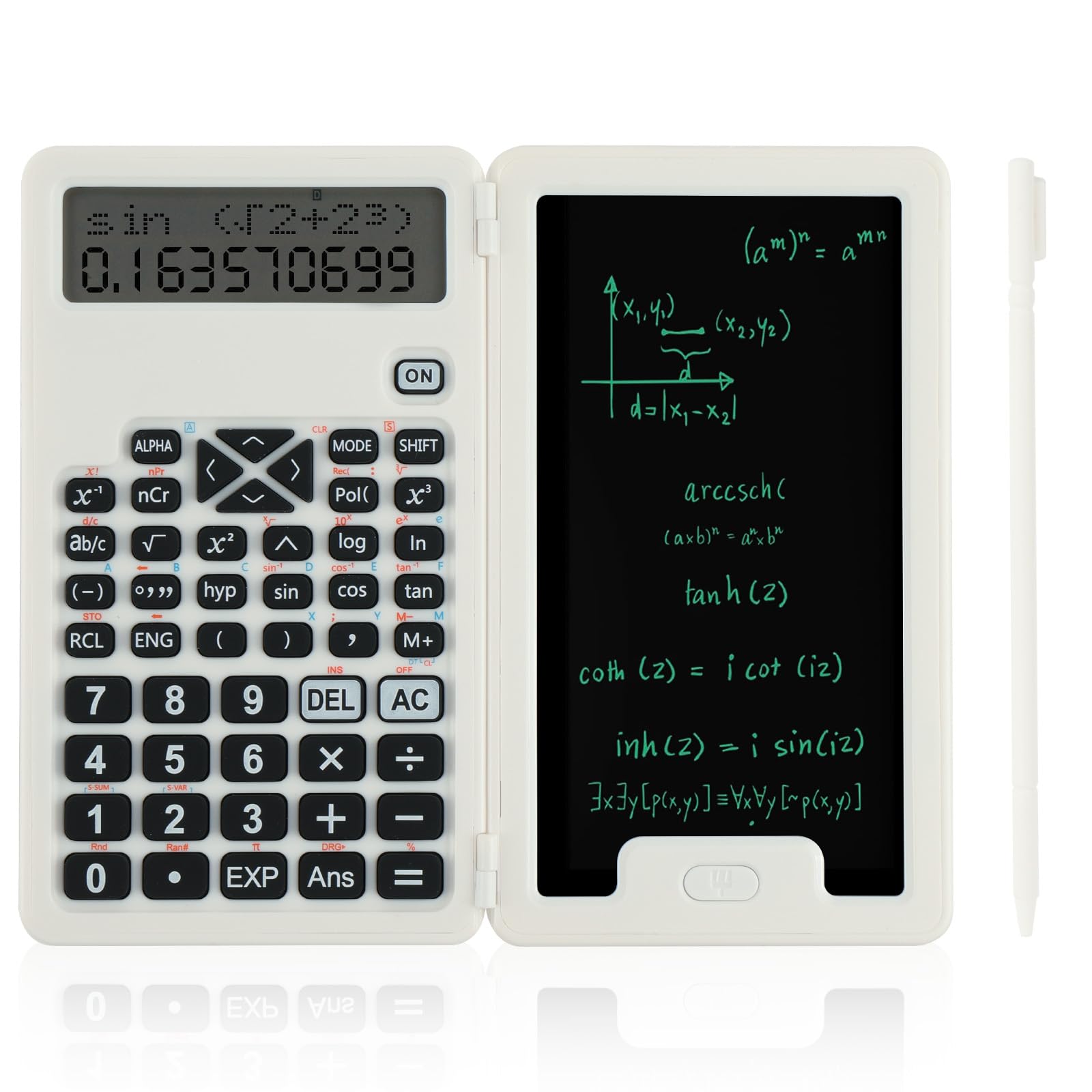 OFFCUP Scientific Calculator, Engineering Scientific Calculators with 5" LCD Writing Tablet and Pen, 2-Line Display 2 in 1 Standard Folding Calculator with 240 Functions for School Office (white)