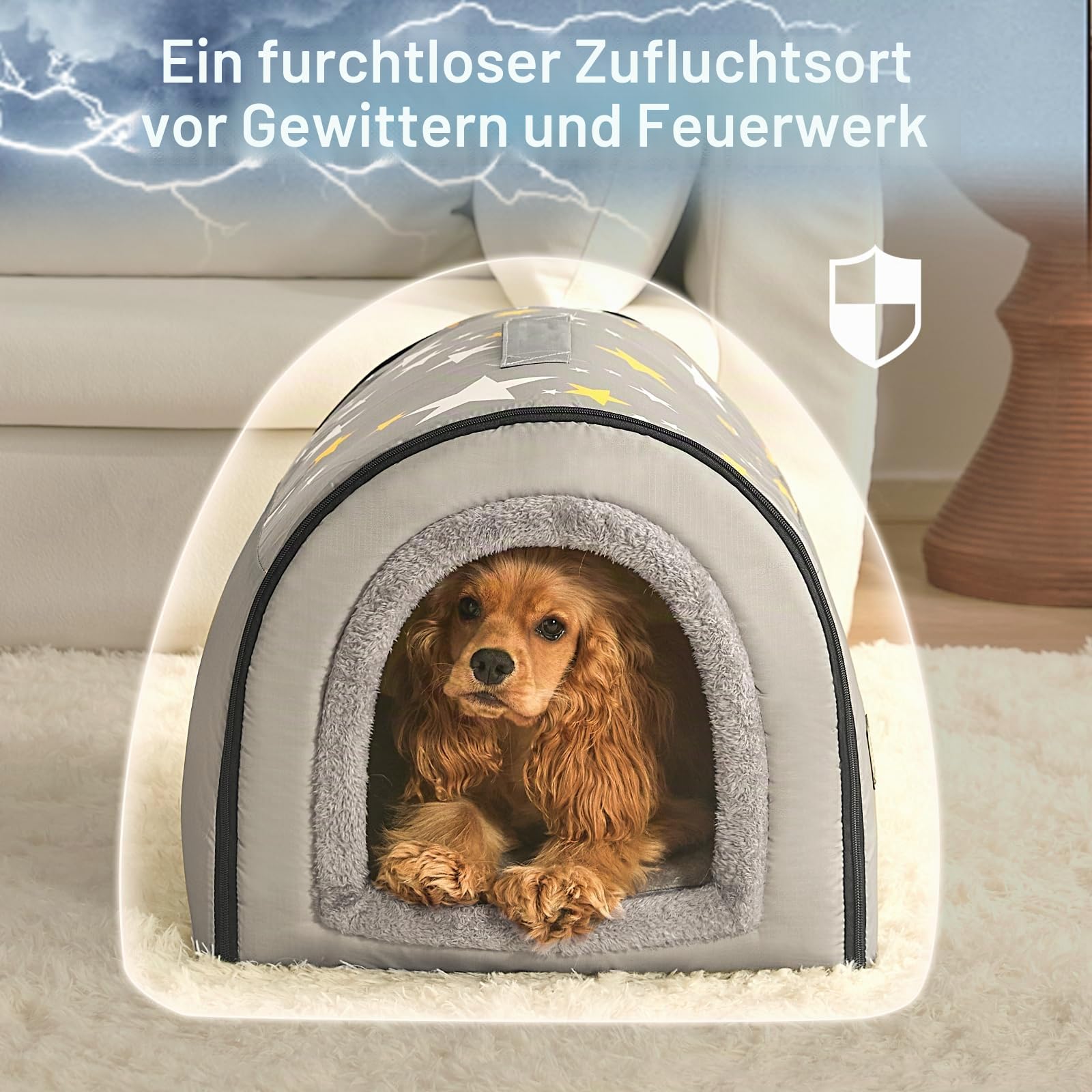 Jiupety Hundehütte Indoor, 2-in-1 Hundehaus für Drinnen, Größe L Hundehöhle Mittelgroße Hunde, Warme Höhle Schlafnest, Grau