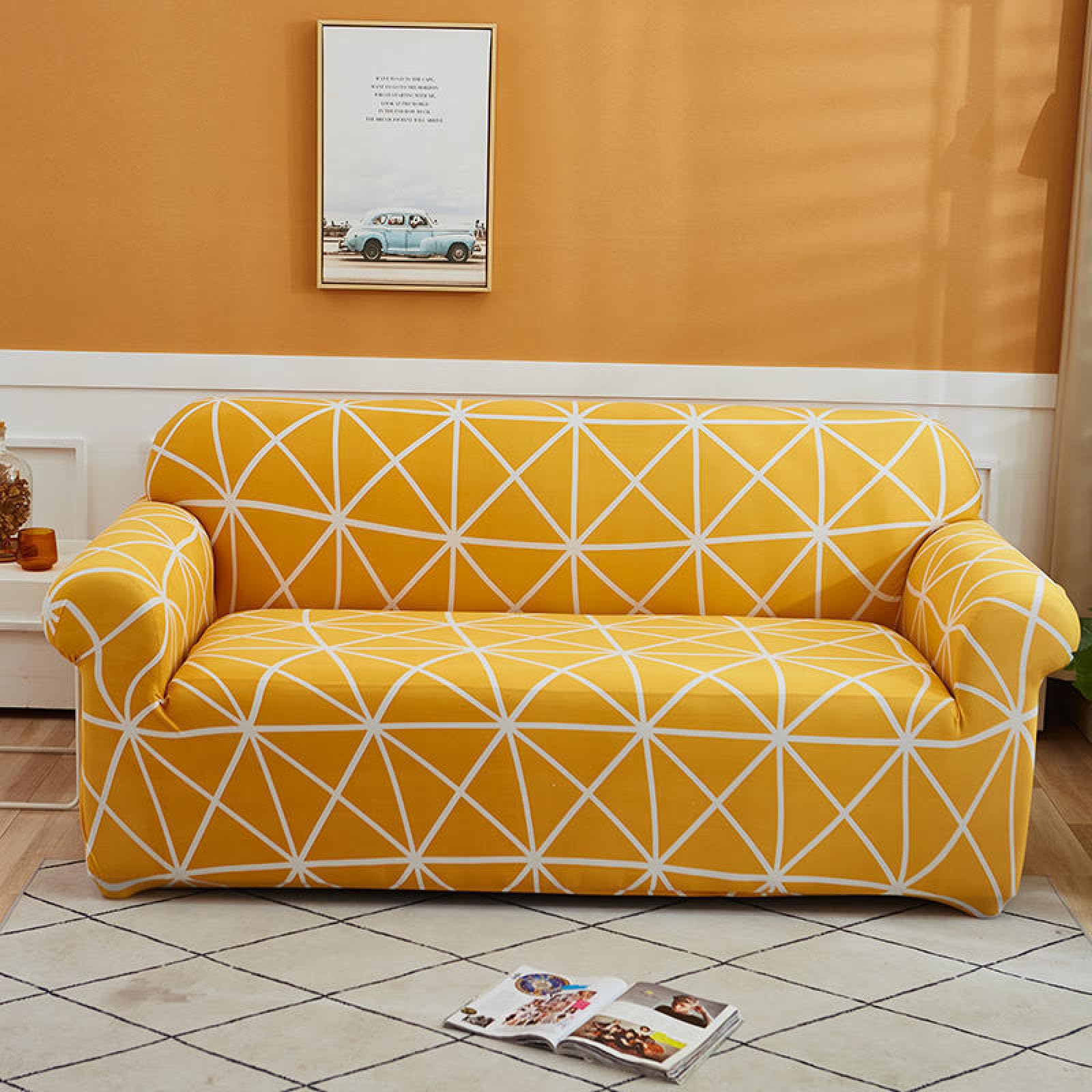 2 Seater Sofa Cover Yellow Geometry Stretch Sofa Covers Spandex Settee Covers 2 Seater Washable Sofa Protectors from Pets Non Slip Covers for Sofas All Seasons Couch Cover with Elastic Strap