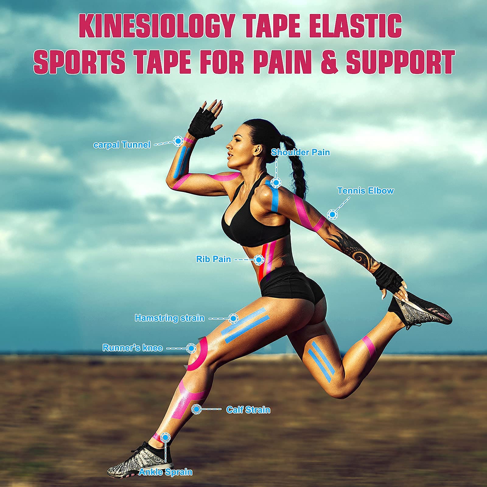 Cinta de kinesiología precortada (1 unidad), cinta elástica terapéutica deportiva, resistente al agua, para rodillas, tobillos, hombros, codos, alivio del dolor y recuperación de lesiones, 5 cm x 5 m