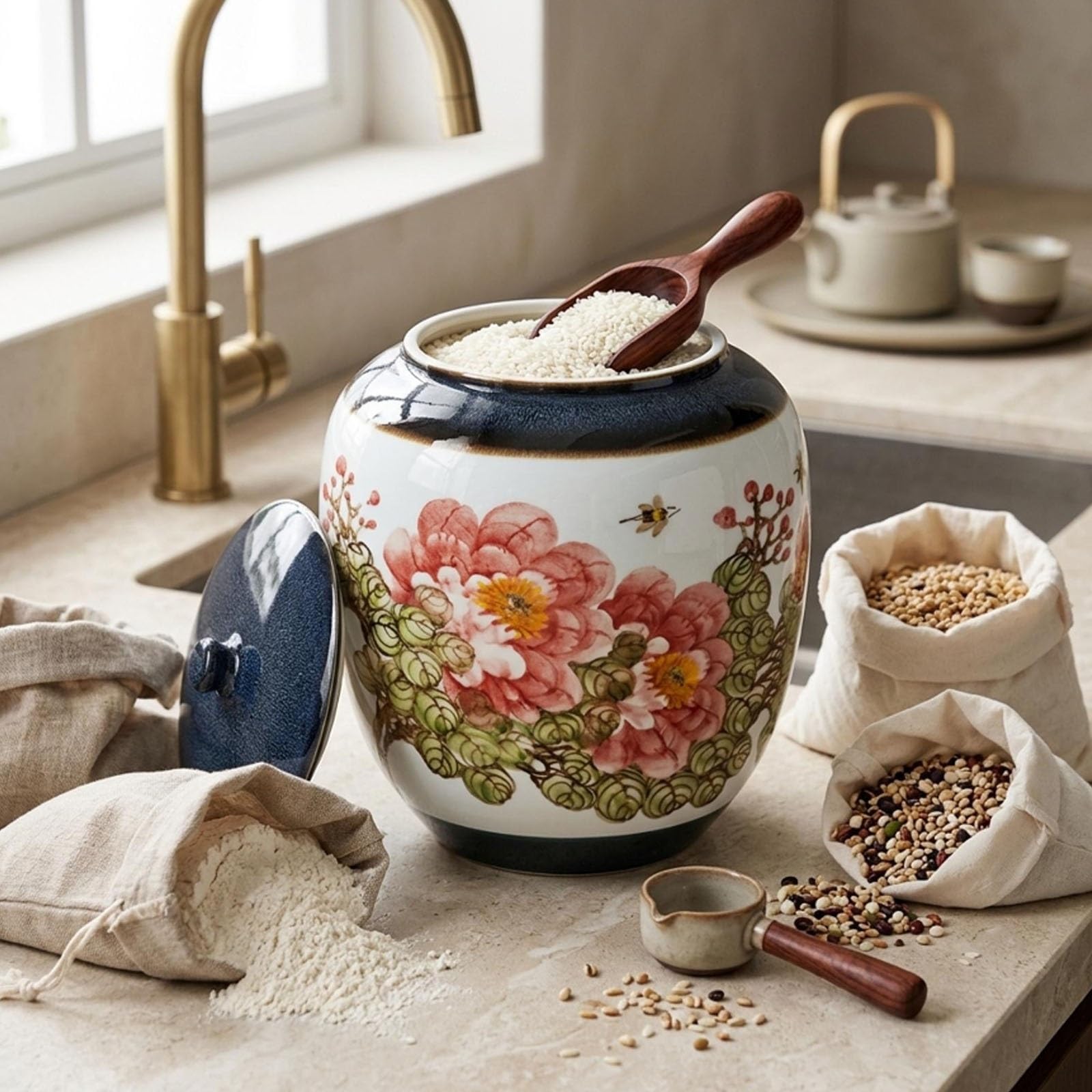Barattolo per Riso in Ceramica con Coperchio, Grande Contenitore | Porcellana per Grano e Farina, Barattolo da Cucina per Piano di Lavoro, Decorazione Floreale Stile Asiatico