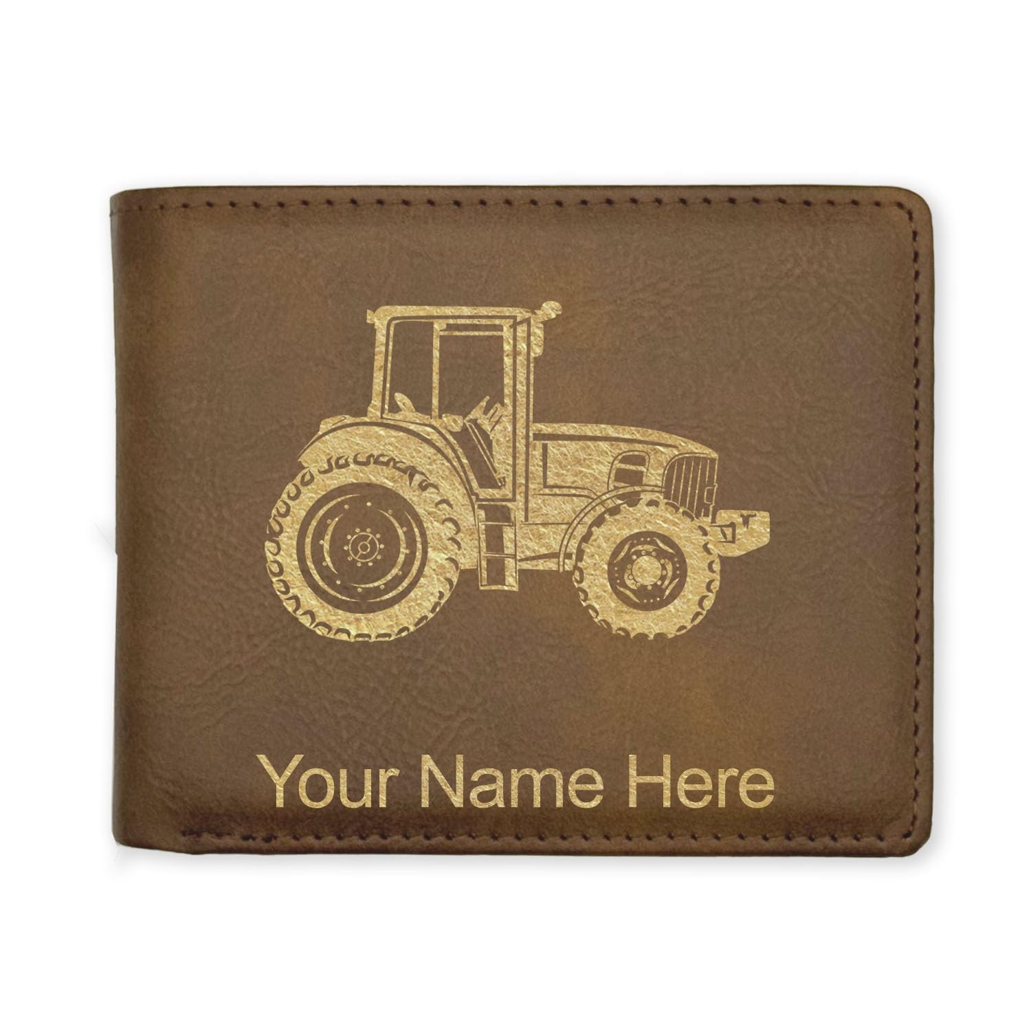 LaserGram Faux Leather Bi-Fold Wallet, Farm Tractor, Personalized Engraving Included (Rustic with Gold)