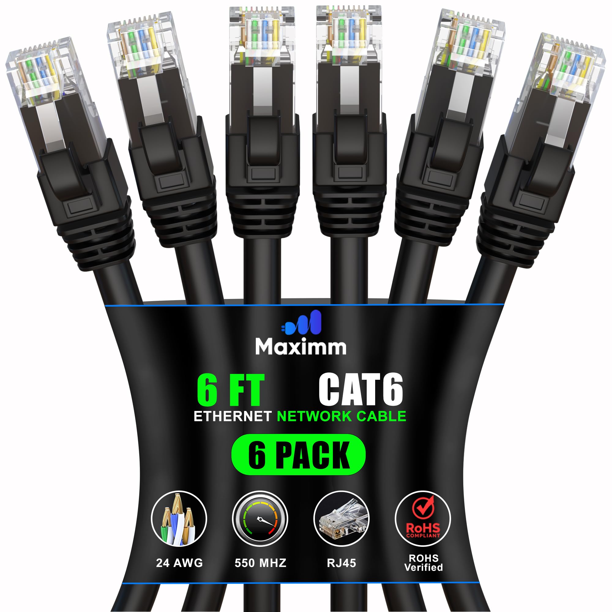 Maximm Cat 6 Ethernet Cable 6 ft (6-Pack) - High-Speed LAN Cable, Internet Cable, Patch Cable, and Network Cable - UTP, 10Gbps, 550MHz Ethernet Cord - Black