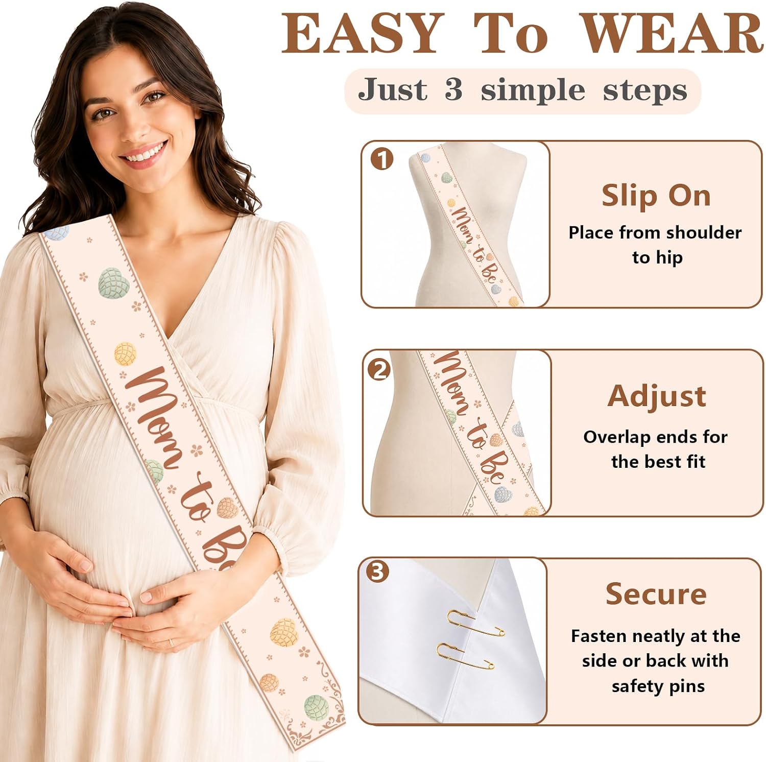 Concha Baby Shower Mom to Be Sash, Mexican Sweet Bread Themed Sash, Brown Satin Mommy Sash Decorations for Baby Shower Gender Reveal Fiesta Party Celebration Outfit Supplies