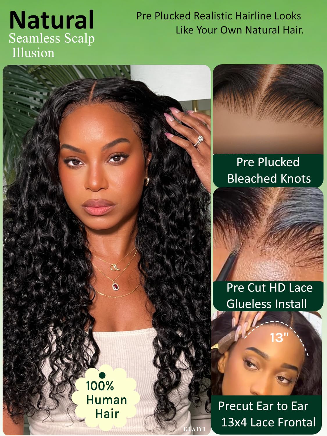 KLAIYI Water Wave Pre Everything™ 13x4 HD Lace Frontal Human Hair Wig with Baby Hair Drawstring Glueless Pre Plucked Bleached Bye Bye Knots Curly 30S Ready to Wear and Go Wig Beginner Friendly 22Inch