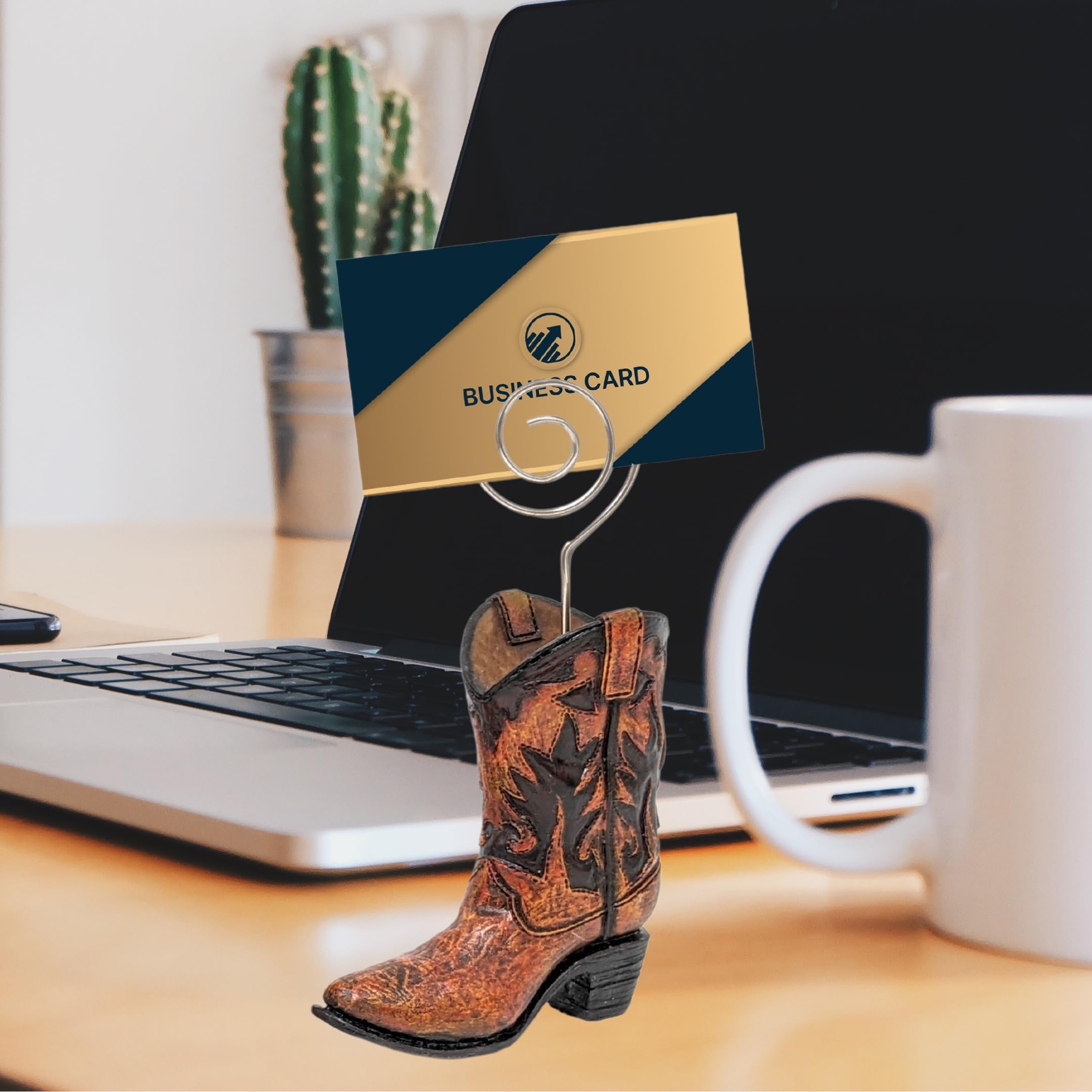 Juego de 4 mini tarjeteros, diseño de bota de vaquero, figuras decorativas de resina con alambre de remolino para tarjetas de visita, números de mesa, fotos o carteles, decoración de mesa occidental