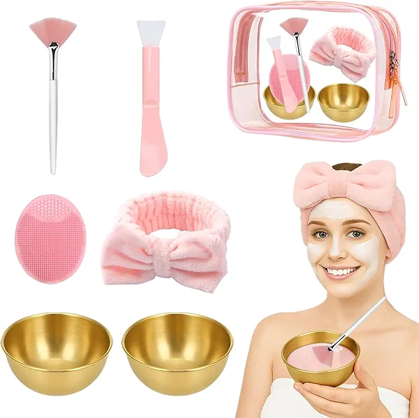 7 Pcs Esthetician Supplies Set for Facials - 2 Gold Facial Bowls, 1 Facial Fan Brushes, 1 Flat Brush, 1 Pink Facial Headbands, 1 Silicone Facial Cleansing Brush, Clear Cosmetic Bag