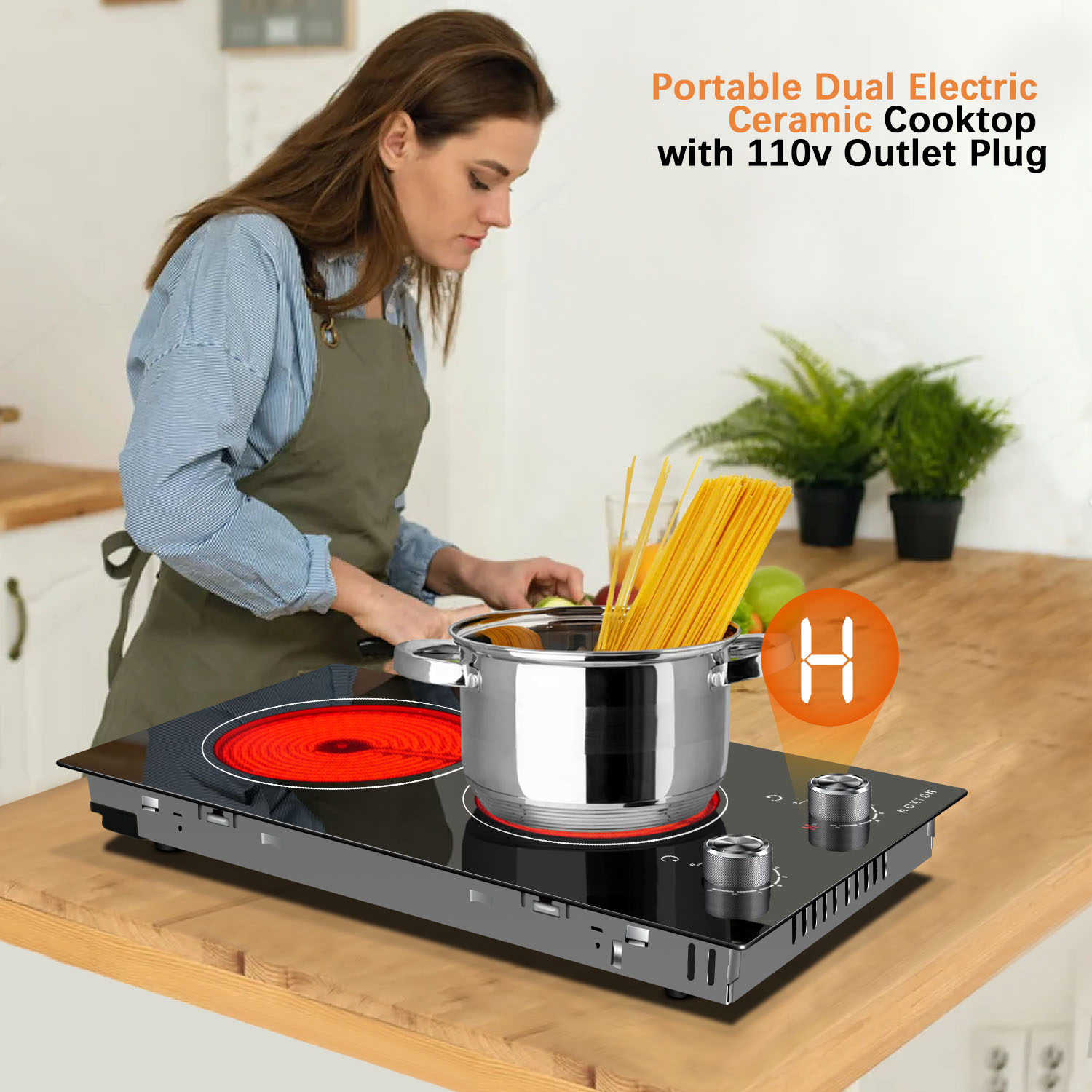Image of Noxton 110v Electric Cooktop 2 Burners, Plug in Electric Stove 12 Inch, Built-in or Above the Counter Use, 9 Power Level, Knob Control Ceramic Stovetop, Great for the Elderly