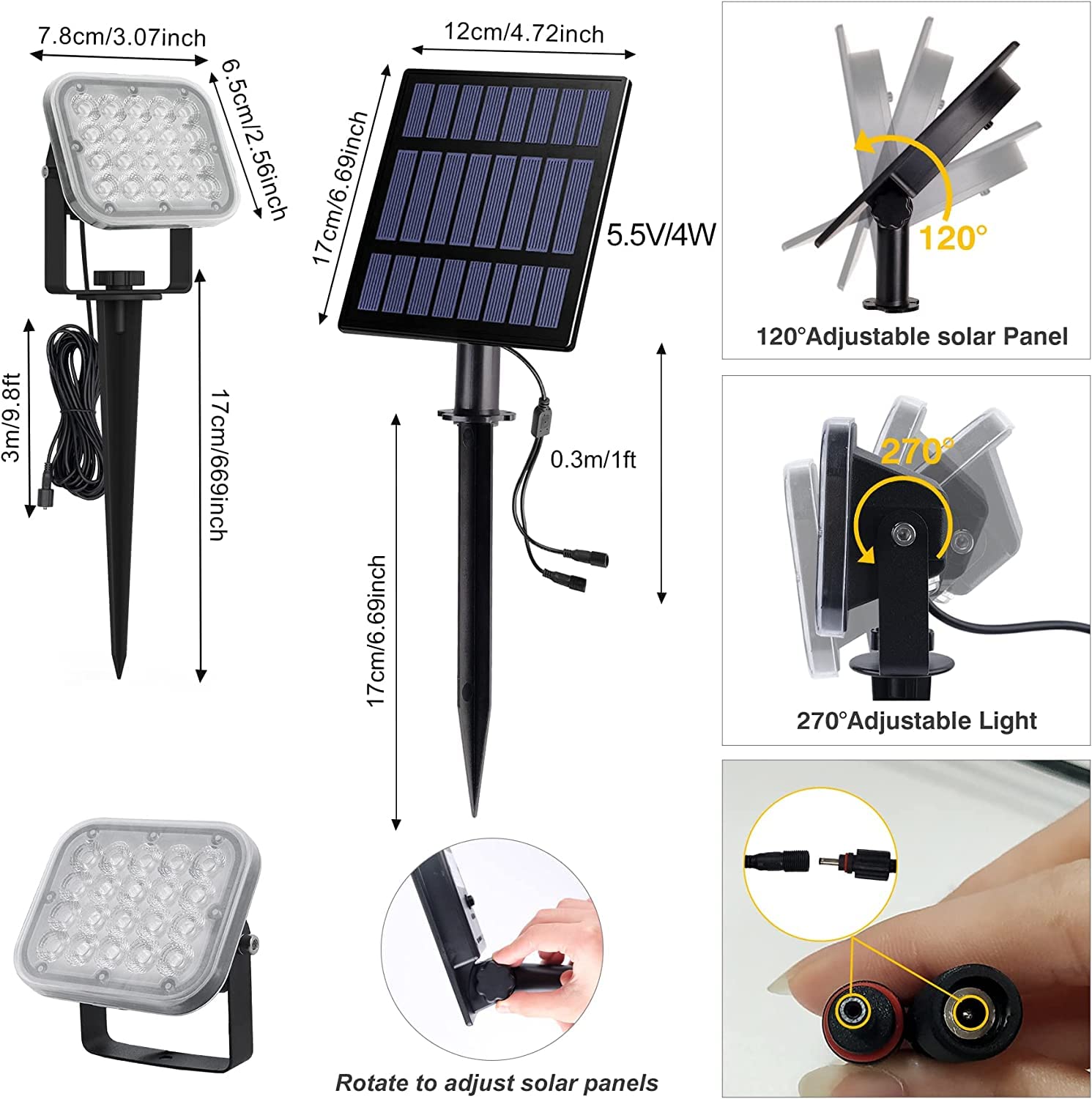 NATPOW Foco Solar Exterior para Jardín, Focos Led Exterior Solares 4 en 1, Luz Solar Jardin Impermeable IP65, Foco Solar Auto-ON/OFF para Árboles, Patio, Sendero de Jardín (3000K)